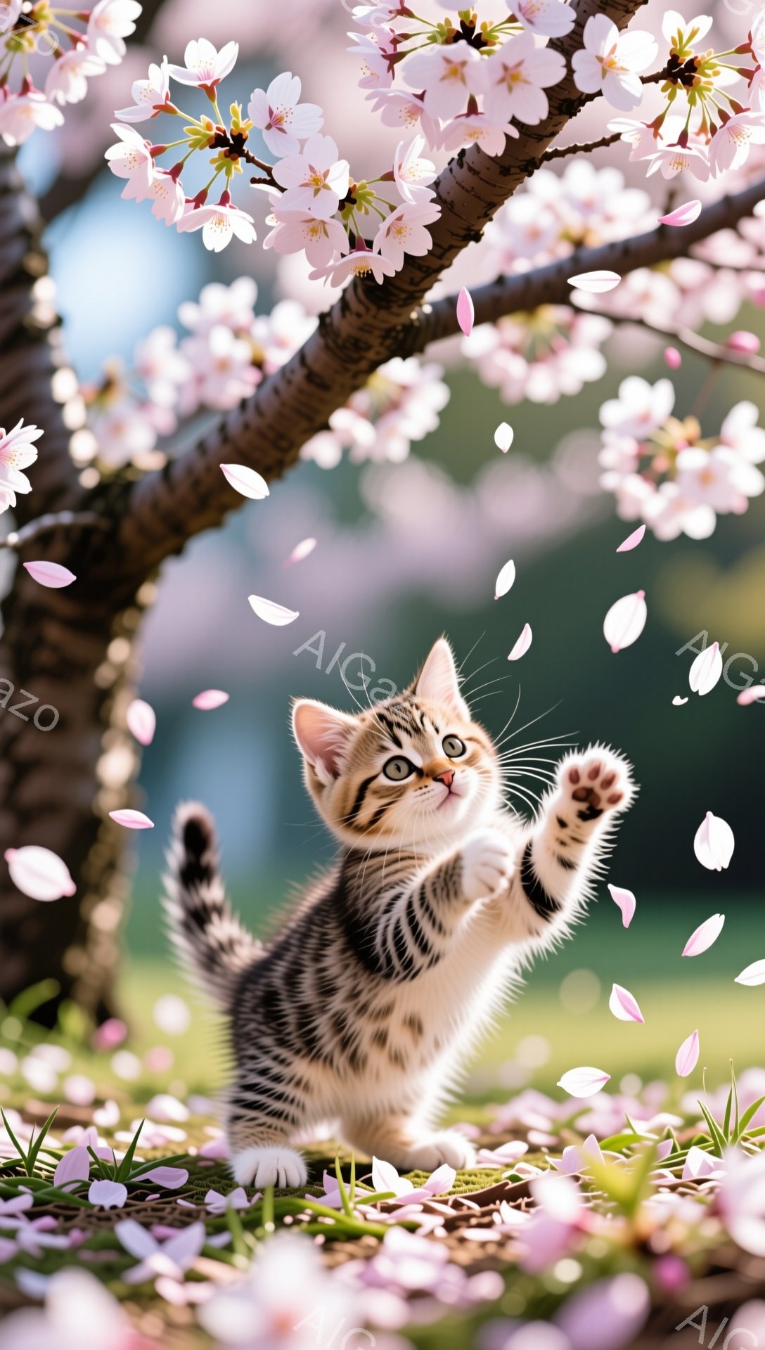 桜の木の下で子猫が可愛らしく遊んでいます。ピンク色の花びらが舞い散る中で、前足で何かを捕まえようとしています。背景には緑の草むらが見え、春の暖かく穏やかな雰囲気が伝わってきます。