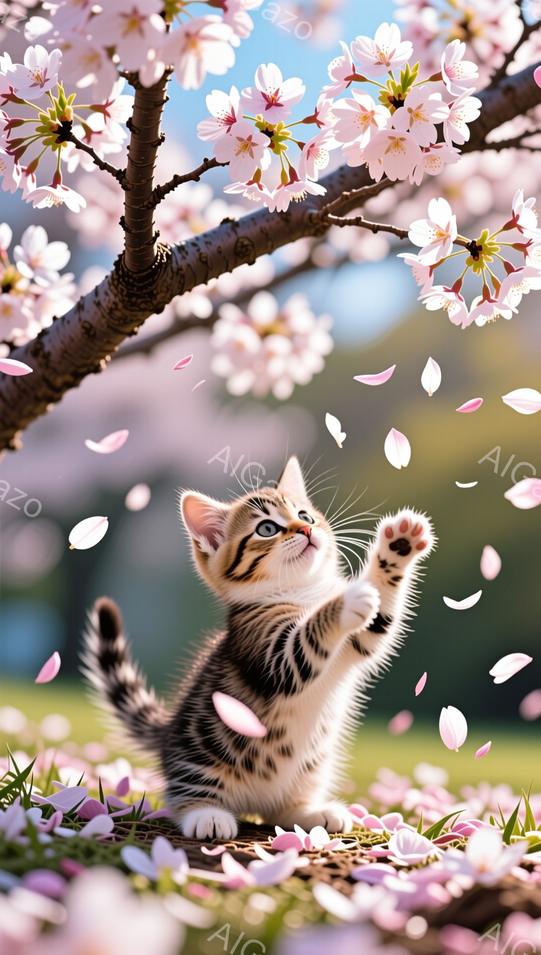 桜の木の下で子猫が前足を伸ばして何かを掴もうとしています。ピンク色の桜の花びらが舞い散り、春の暖かく穏やかな雰囲気が感じられます。緑の背景と明るい光が、可愛らしい子猫をさらに引き立てています。 - AI生成フリー素材