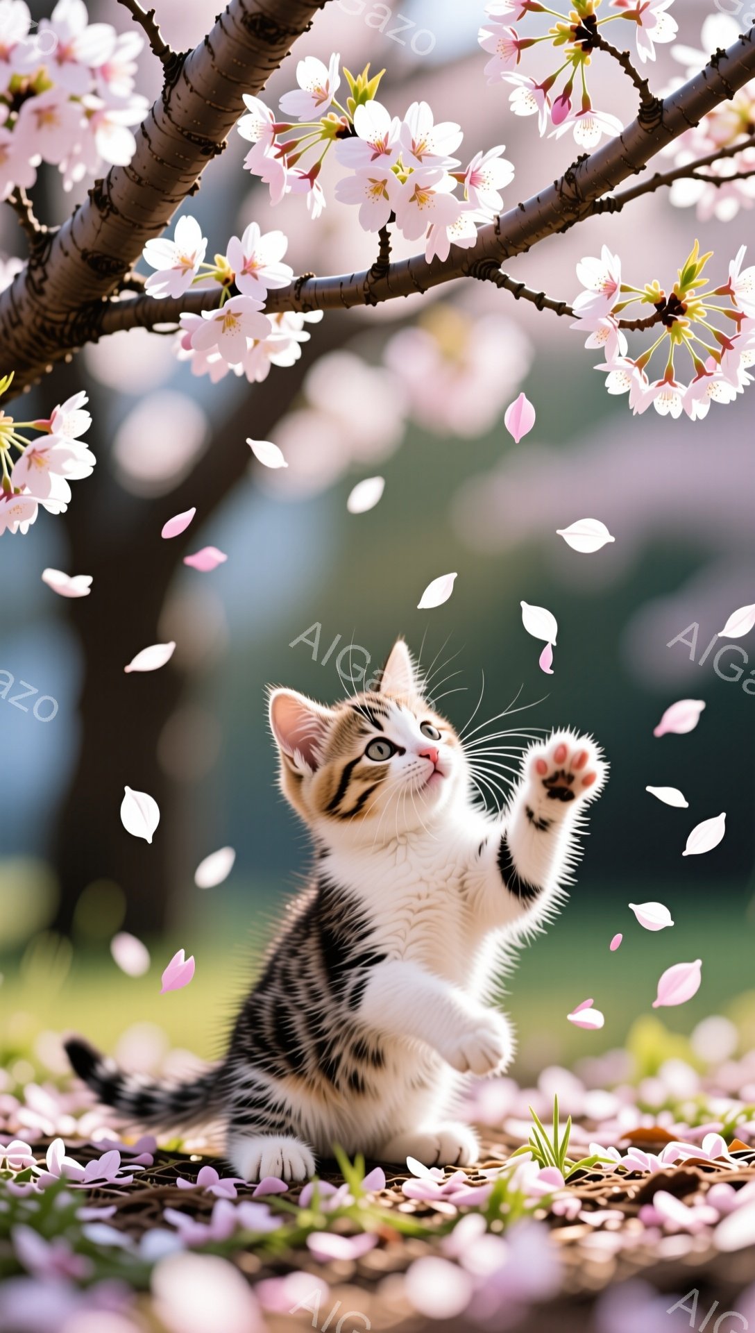 桜の木の下で、子猫が前足で花びらを捕まえようとしています。ピンク色の花びらが舞い散り、子猫の縞模様とコントラストを作っています。春の暖かく優しい雰囲気が伝わってきます。 - AI生成フリー素材