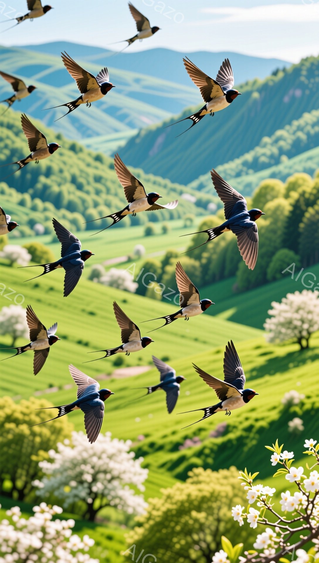 緑豊かな丘陵地帯を、尾の長い鳥たちが群れをなして飛んでいる。白い花を咲かせた木々が点在し、春の穏やかな日差しの中で生命力に満ちた風景が広がっている。空は青く、鳥たちの優雅な飛行が美しいコントラストを生 - AI生成フリー素材