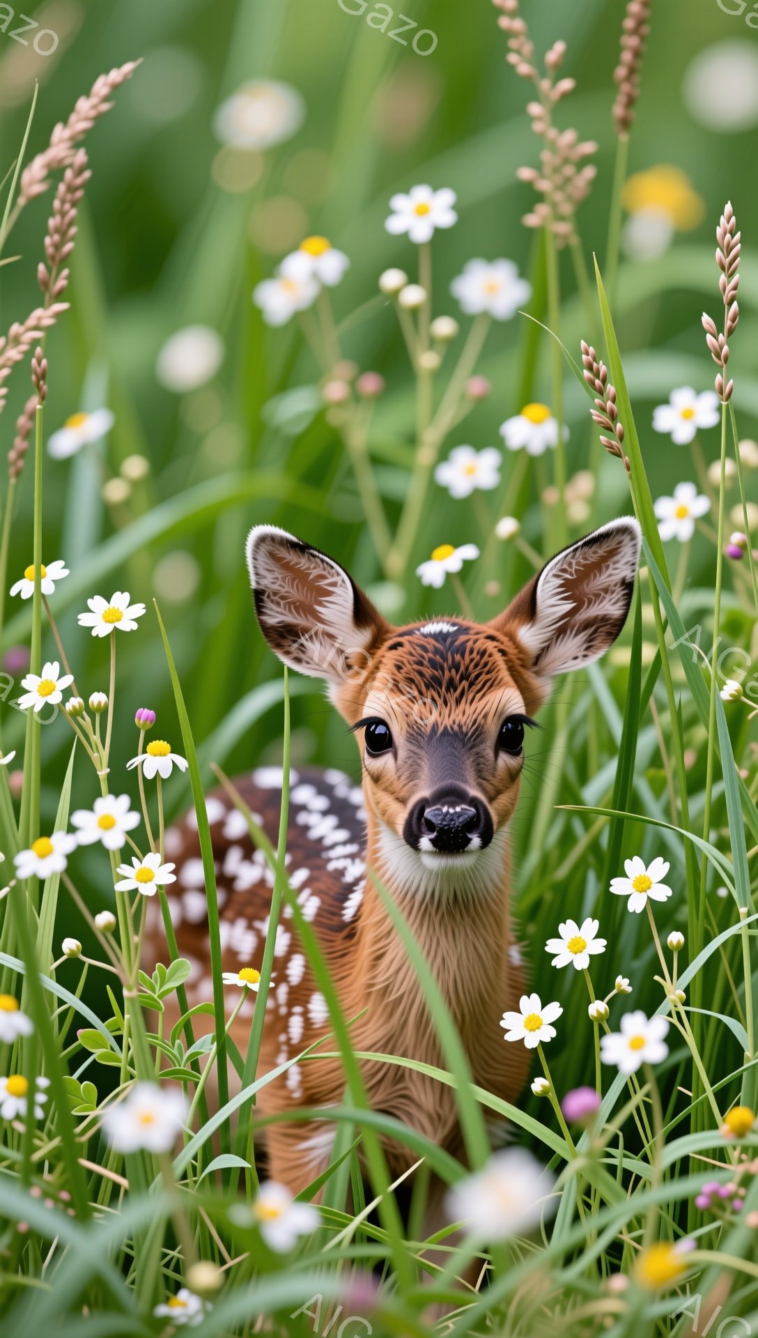 小さなシカの子供が草むらに隠れている。白い花や緑の草に囲まれ、大きな瞳でカメラを見つめている。可愛らしい姿が、平和で穏やかな雰囲気を醸し出している。 - AI生成フリー素材