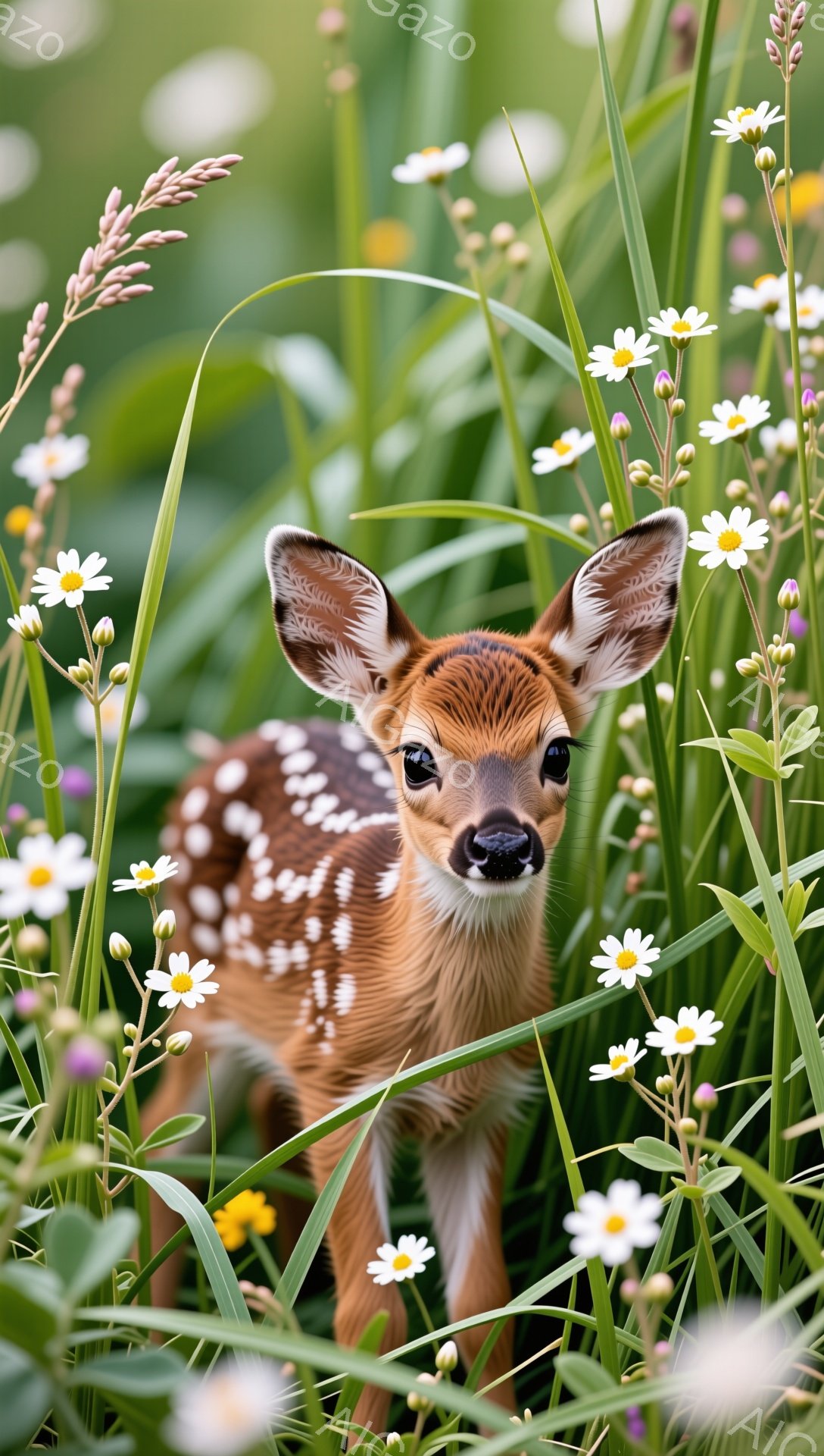 緑豊かな草地の中で、小さな子鹿がこちらを見つめています。その毛並みはまだら模様で、大きな瞳が印象的です。周りには白い花が咲き乱れ、穏やかな雰囲気を醸し出しています。 - AI生成フリー素材