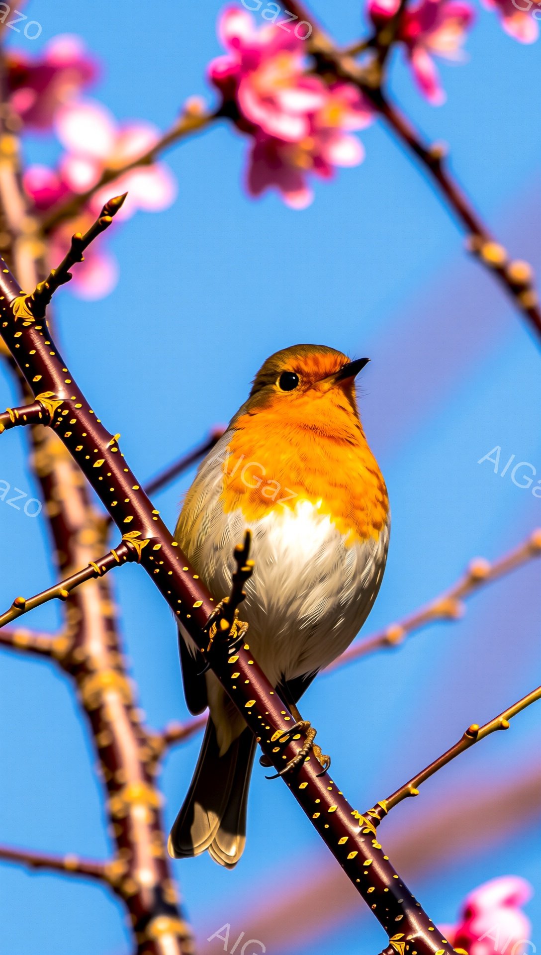 明るい青空を背景に、赤褐色の胸を持つ可愛らしい鳥が枝にとまっている。春の訪れを感じさせるピンク色の花びらがぼんやりと背景に見える。枝の質感や鳥の羽の細部まで鮮明に写っており、自然の美しさを際立たせている。