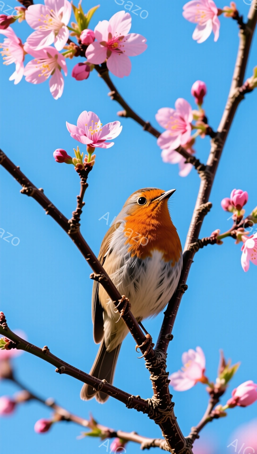 青空を背景に、桜の枝にとまっている小さな鳥が写っています。オレンジ色と茶色の羽が美しく、春の訪れを感じさせる暖かい雰囲気です。桜の花びらがぼんやりと背景を彩り、鳥の存在を際立たせています。 - AI生成フリー素材