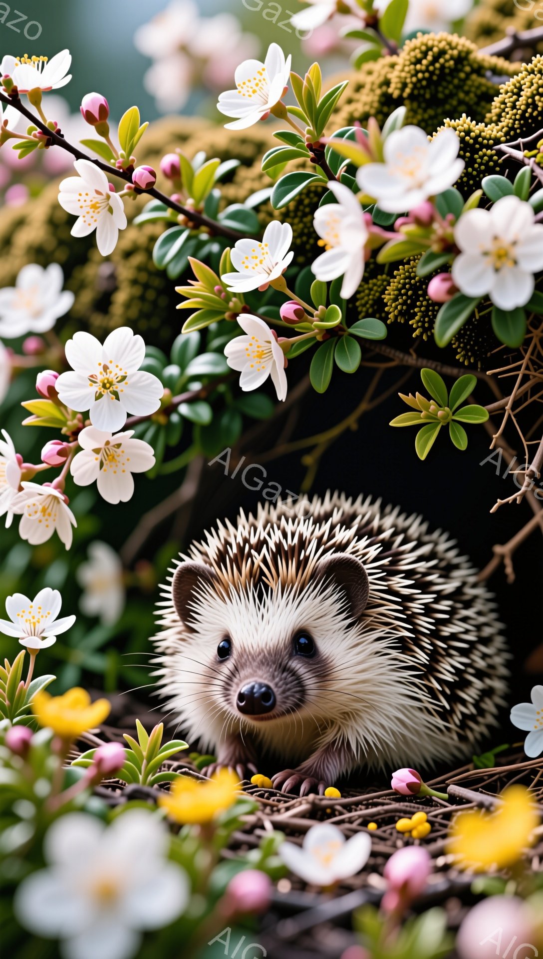 可愛らしいハリネズミが、ピンクと白の花に囲まれて丸くなっています。その小さな体はトゲで覆われ、つぶらな瞳が優しく見つめています。春の陽射しのような暖かい雰囲気が漂い、安らぎを与えてくれます。