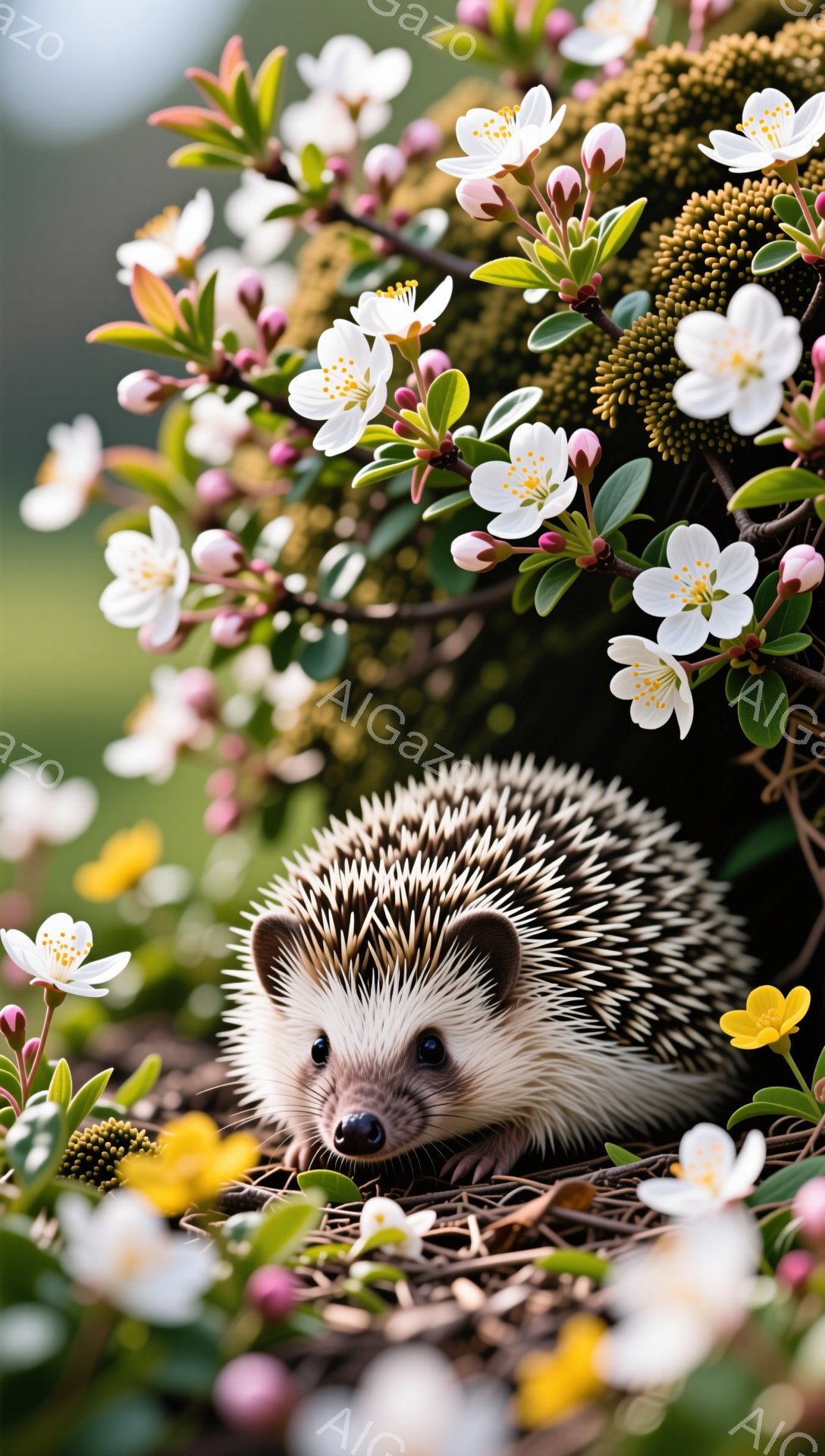 可愛らしいハリネズミが、満開の白とピンクの花々に囲まれて寄り添っています。緑色の背景と花のコントラストが美しく、春の暖かい雰囲気が伝わってきます。ハリネズミは好奇心旺盛な表情で、こちらを見ているようで - AI生成フリー素材