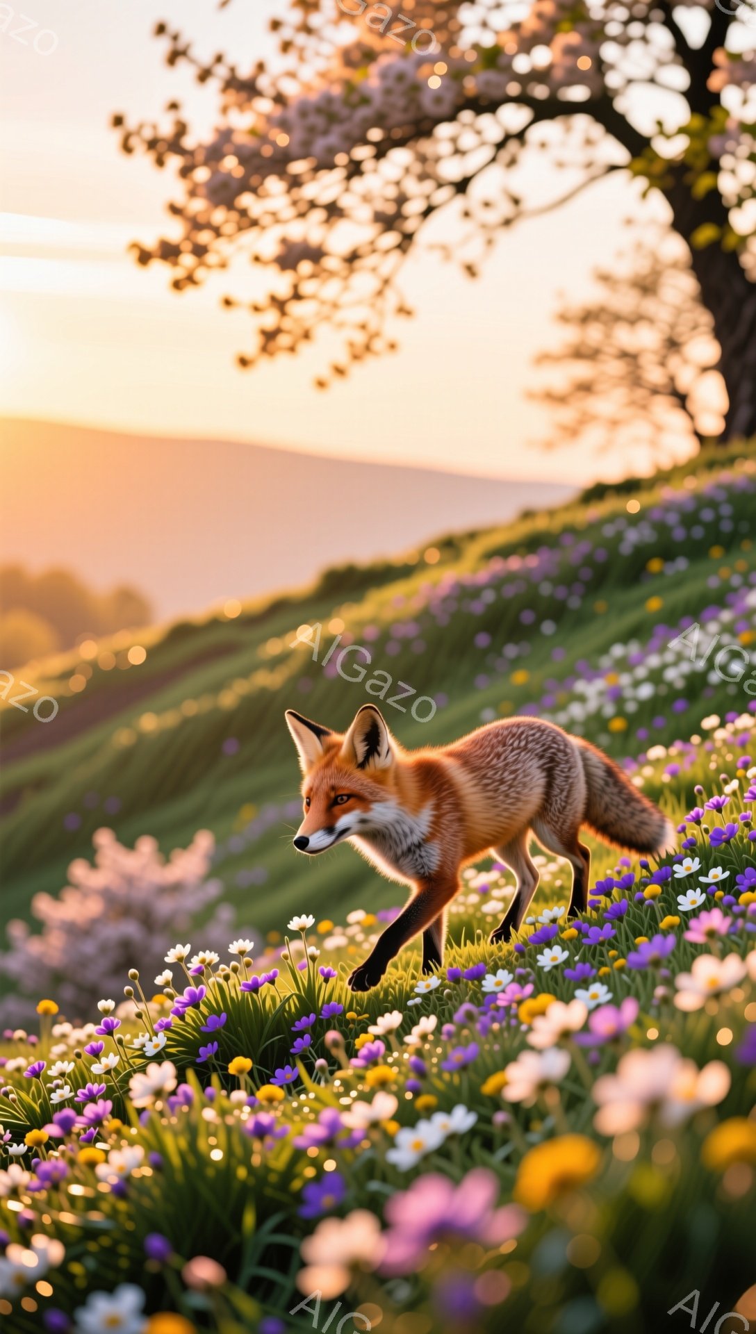 鮮やかな花畑の中を、一匹のキツネが歩いている。夕日の光がキツネの毛並みを照らし、暖かく穏やかな雰囲気を醸し出している。背景には緑の丘と桜の木が見え、春の優しい季節感を表現している。 - AI生成フリー素材