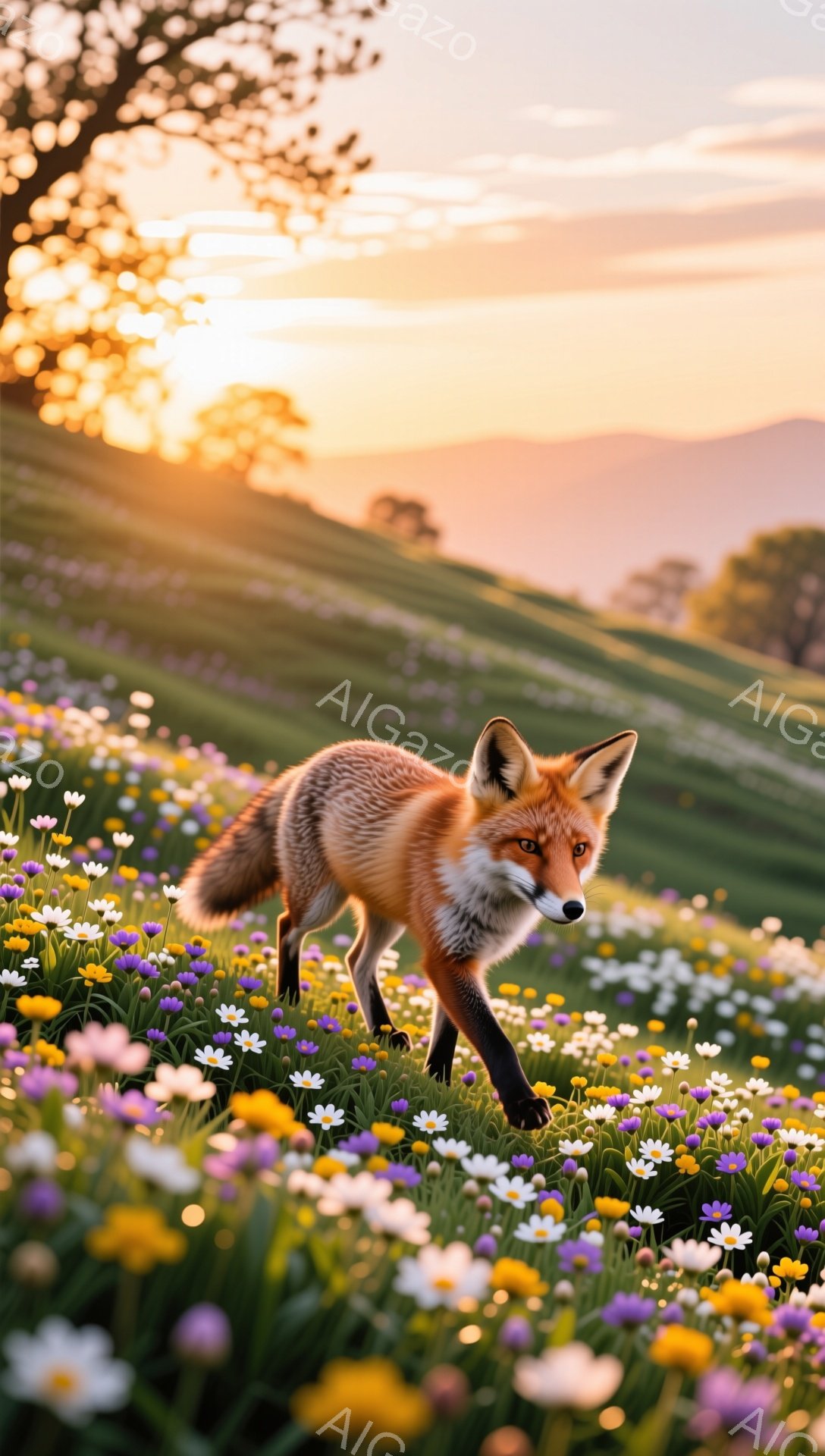 明るい花畑の中を、一匹の狐が歩いている。夕日の光が柔らかく照らし、暖かく幻想的な雰囲気を醸し出している。花の色とりどりのコントラストと狐の毛並みが美しい。 - AI生成フリー素材