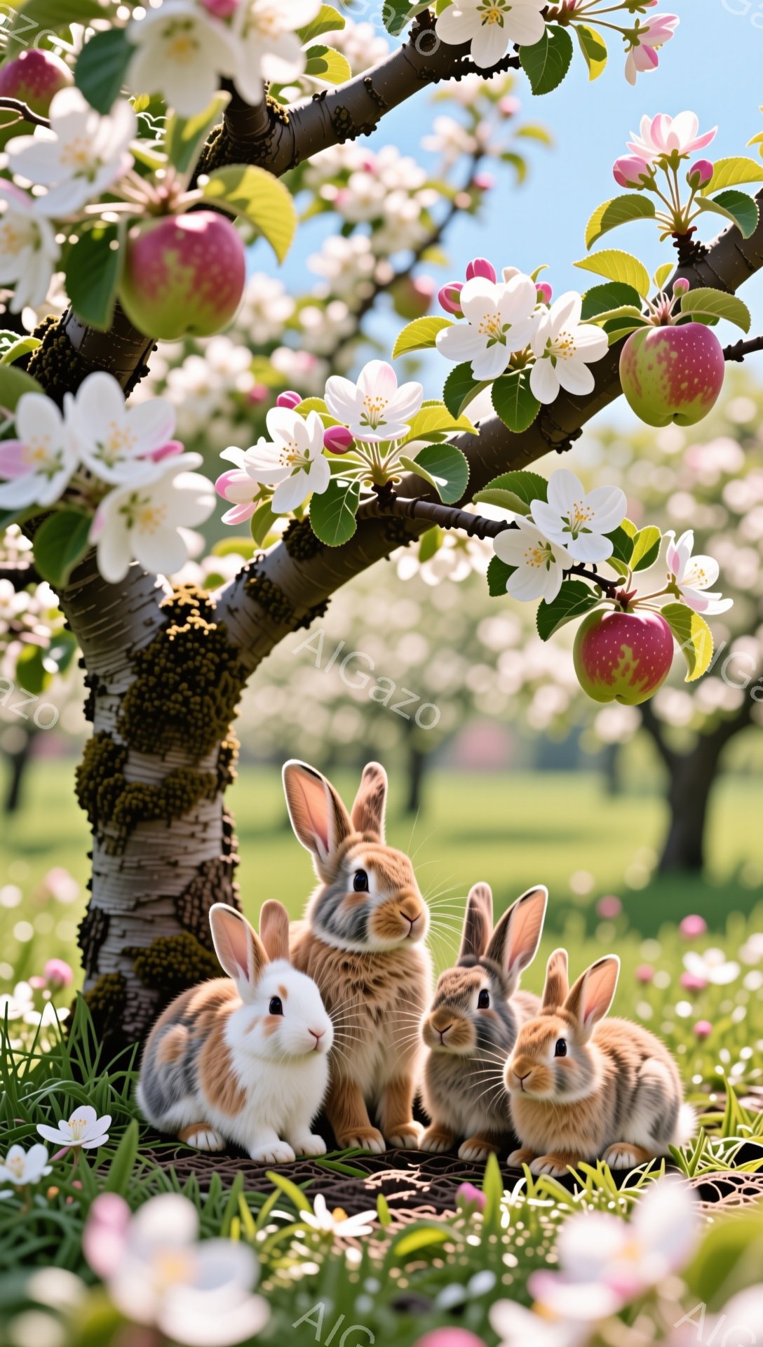 青々とした草の上に、３匹の可愛らしいウサギが寄り添って座っています。リンゴの木が咲き誇り、ピンクと白の花びらが背景を彩り、春らしい穏やかな雰囲気が漂います。ウサギたちはそれぞれ異なる毛色で、好奇心と安心感を抱いているように見えます。