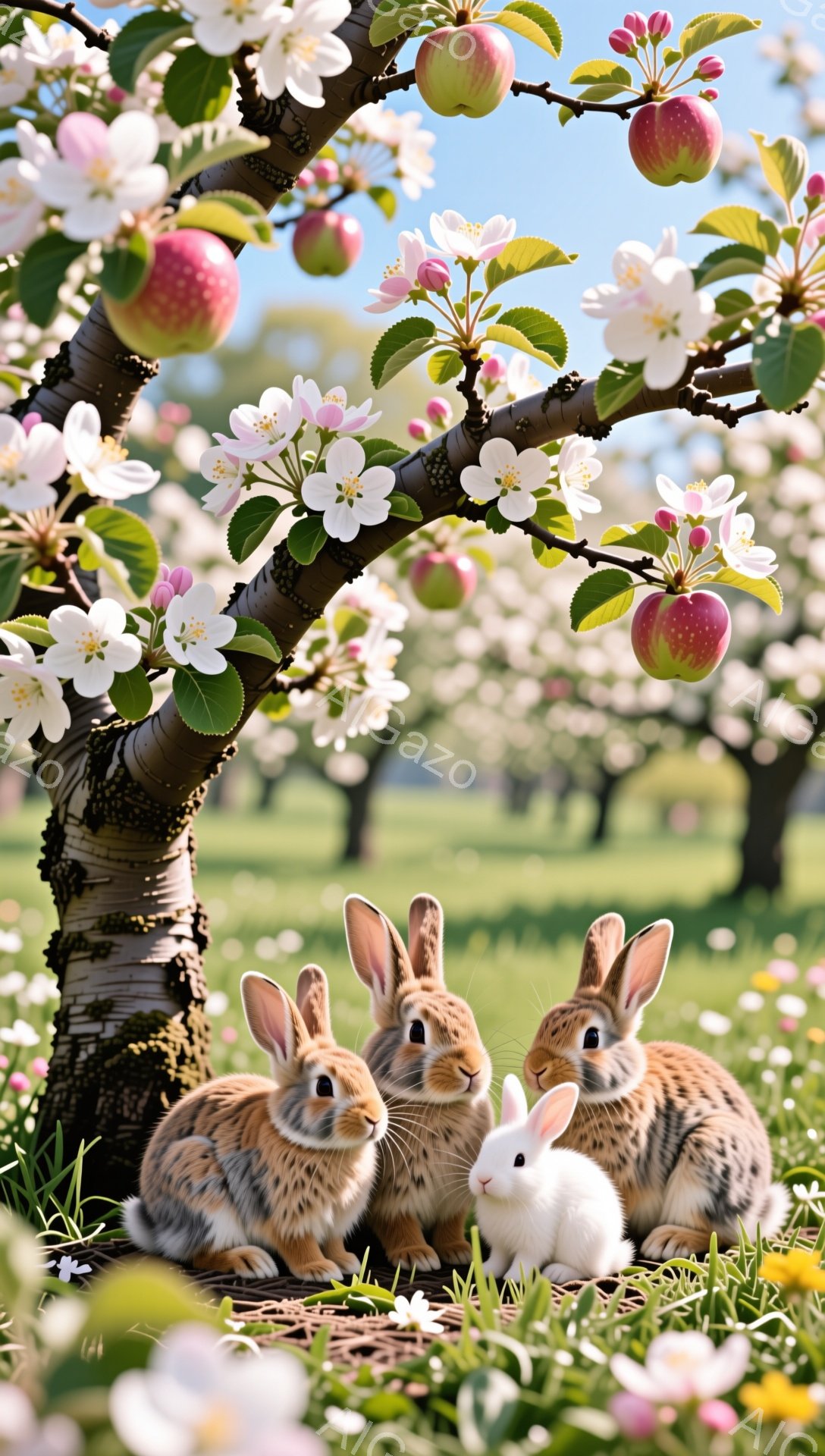 暖かく日当たりの良い果樹園で、三匹のウサギが寄り添って座っています。木はピンクや白の花が咲き乱れ、熟したリンゴが実っています。ウサギはそれぞれ異なる毛色で、好奇心と穏やかさをもってカメラを見つめています。