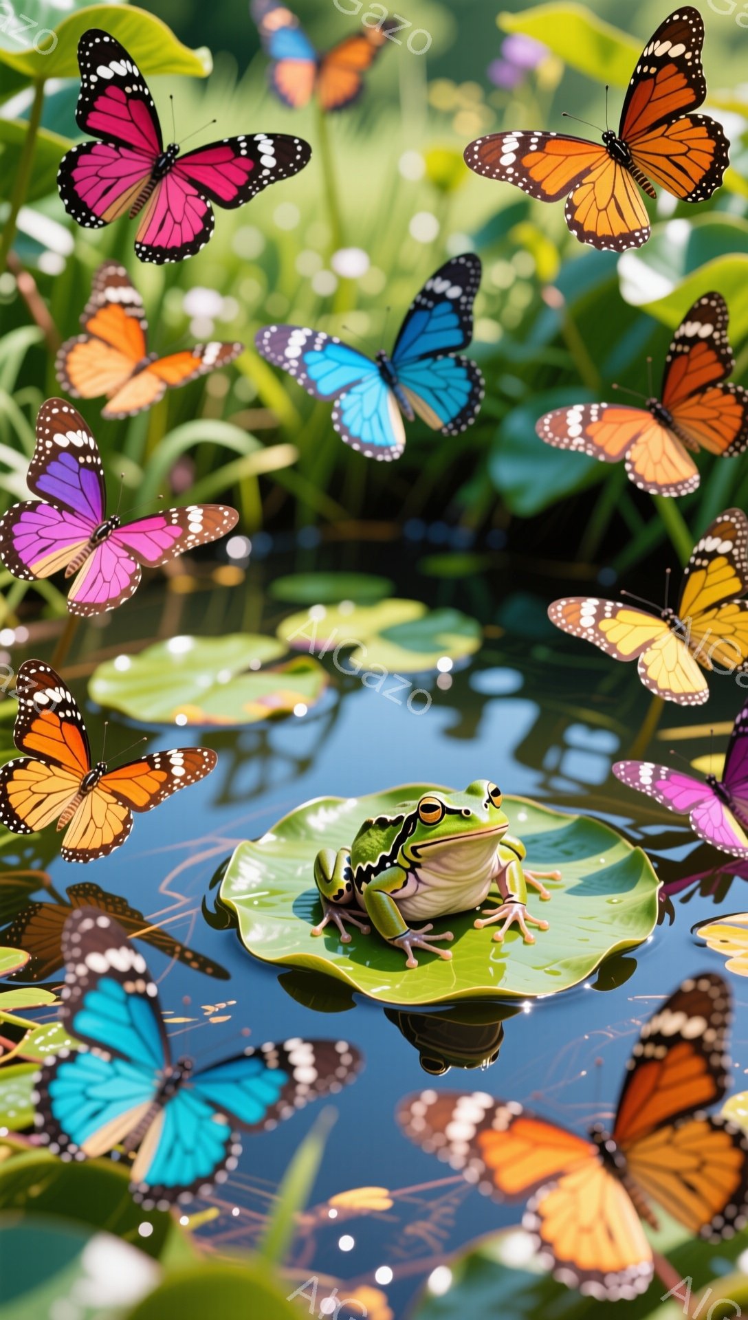 緑色のカエルが大きなスイレンの葉の上に座っており、周囲には色とりどりの蝶が舞っている。水面には蝶の影が映り込み、緑豊かな植物と合わせて、幻想的で穏やかな雰囲気を醸し出している。太陽の光が差し込み、自然の美しさを際立たせている。