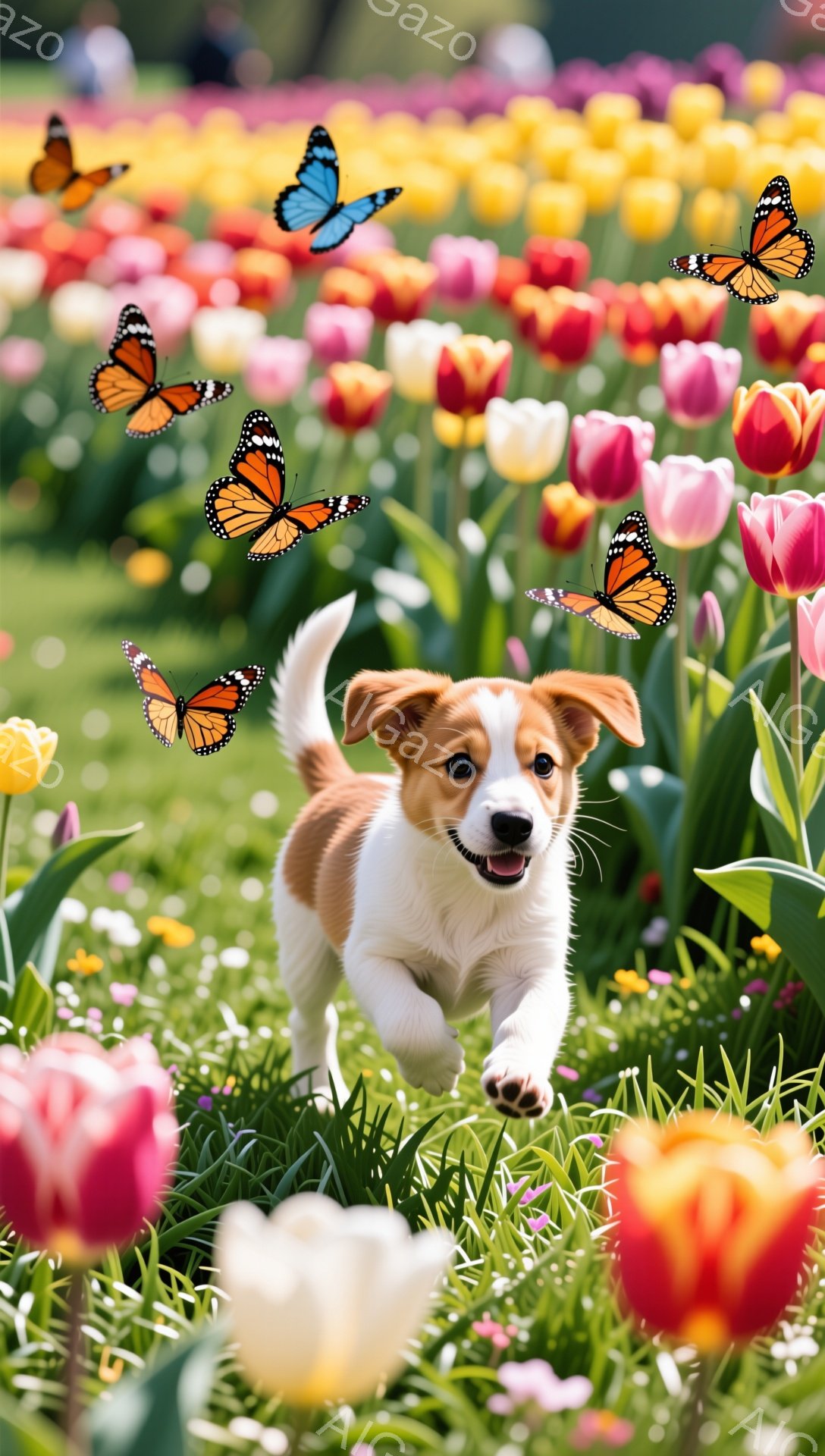 鮮やかなチューリップ畑を、子犬が楽しそうに駆け抜けている。蝶が舞い、春の暖かい陽気を感じさせる、幸せな瞬間を捉えた写真だ。背景には様々な色のチューリップが咲き誇り、明るい雰囲気を演出している。 - AI生成フリー素材