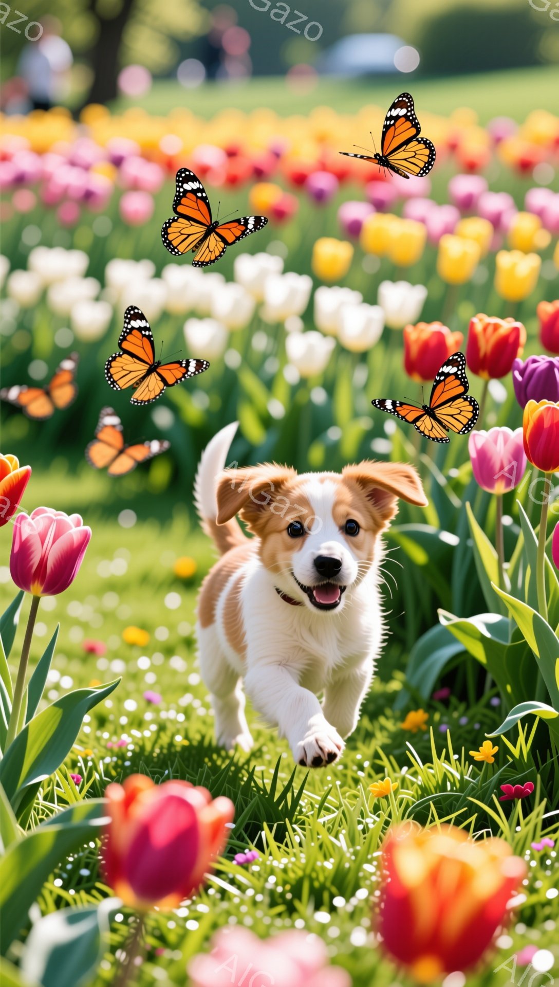 明るい花畑を、子犬が嬉しそうに走り回っている。周囲には色とりどりのチューリップが咲き誇り、数匹の蝶が舞っている。子犬の表情は活発で、春の暖かい日差しを感じさせる。 - AI生成フリー素材