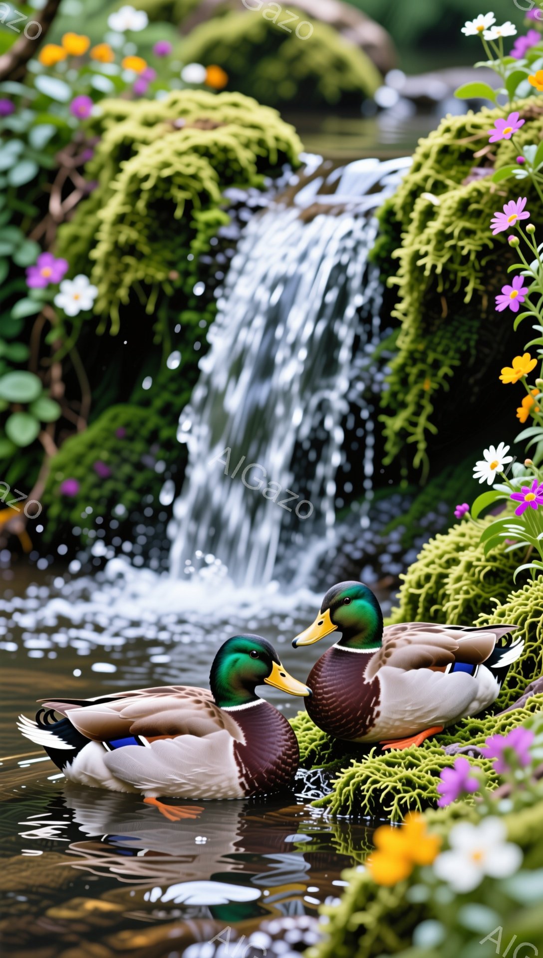 アヒルが2羽、穏やかな水面を泳いでいる。背景には緑豊かな植物と滝があり、自然の美しい風景が広がっている。アヒルの鮮やかな羽色は、水辺の景色に彩りを添えている。 - AI生成フリー素材