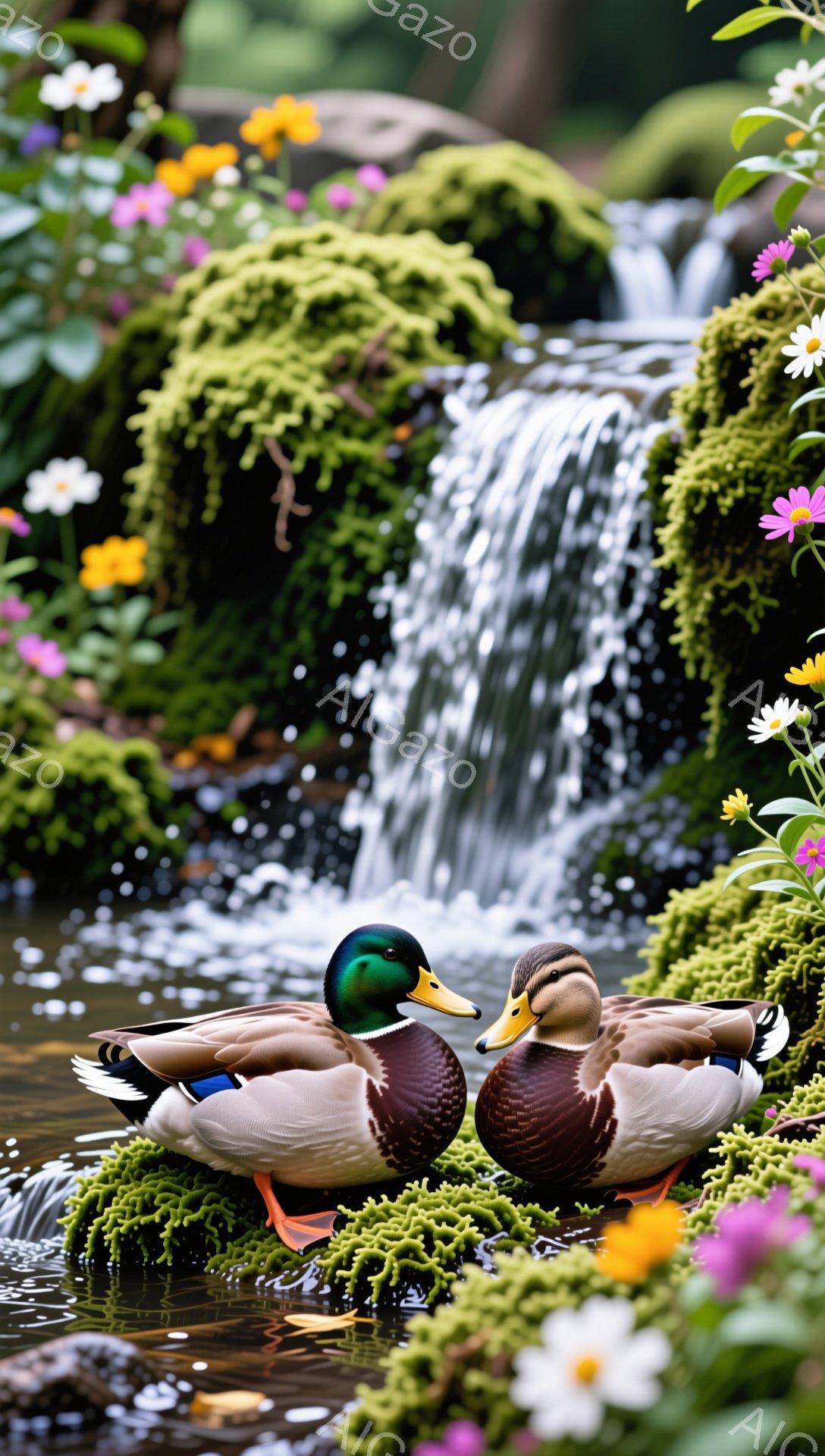 鮮やかな緑の植物に囲まれた水辺で、2羽の雄鴨が寄り添って穏やかに佇んでいます。背景には水の流れ落ちる滝があり、全体的に平和で穏やかな雰囲気を醸し出しています。花々も咲き乱れ、自然の美しさを際立たせてい - AI生成フリー素材