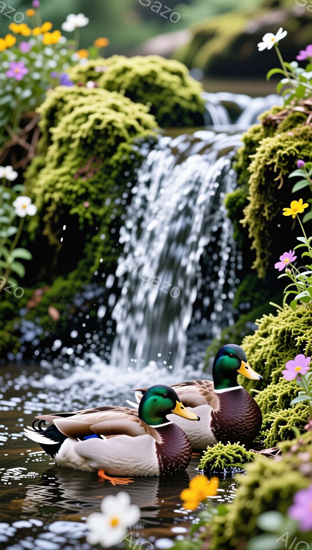 オスのマガモとメスのマガモが水面に浮かんでおり、背景には緑豊かな苔の岩と小さな滝が見えます。水面には花びらが散りばめられ、穏やかで平和な雰囲気を醸し出しています。光が差し込み、水面がキラキラと輝き、自然の美しさを際立たせています。