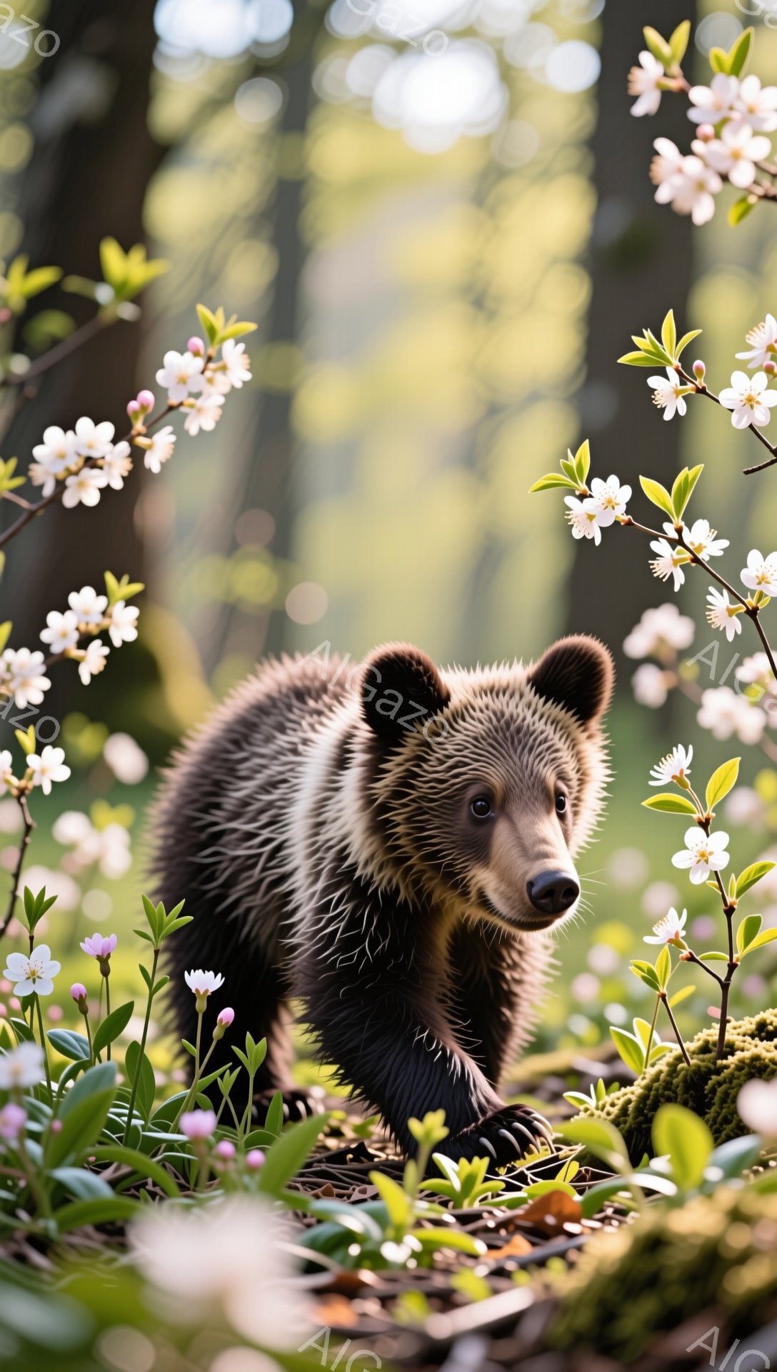 小さな子グマが、咲き乱れる花の間を歩いている。緑の草と花に囲まれ、穏やかな光の中で、まるで春の妖精のように可愛らしい姿を見せている。背景はぼやけており、子グマに焦点が当たっている。
