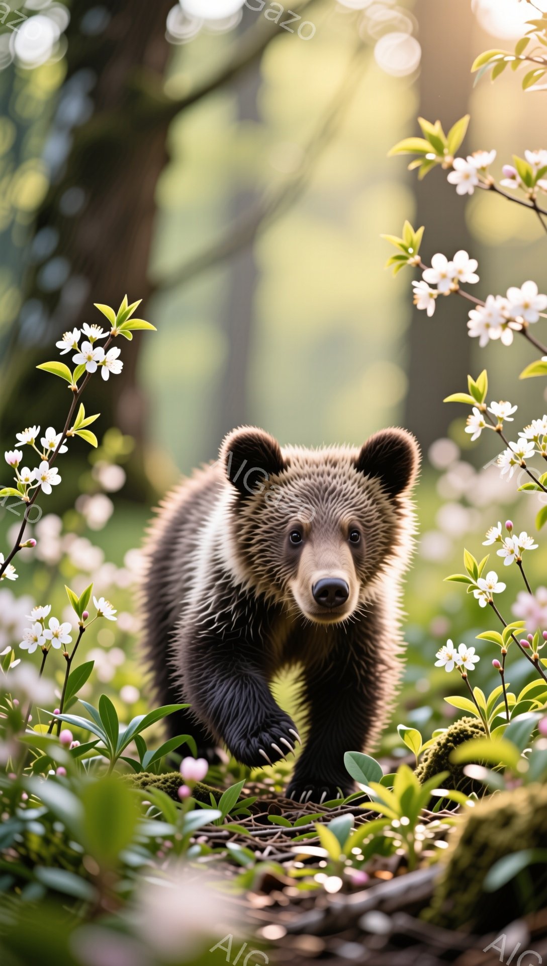 森の中で小さな熊が花の間を歩いている。暖かく柔らかな光が降り注ぎ、春の訪れを感じさせる。可愛らしい姿と優しい雰囲気が魅力的な写真だ。 - AI生成フリー素材