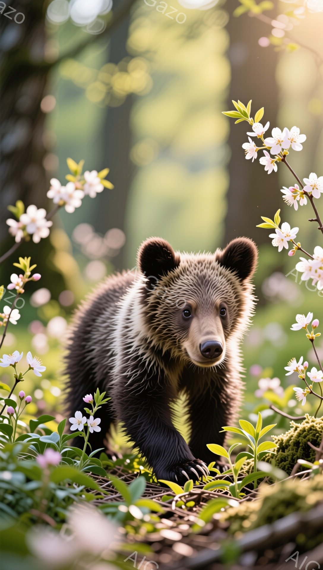 茂みの中にいる小さなクマの子がこちらを見ています。ピンク色の花が咲き乱れる春の森の中で、緑の苔と落ち葉の上に立っています。日の光が差し込み、暖かく優しい雰囲気です。