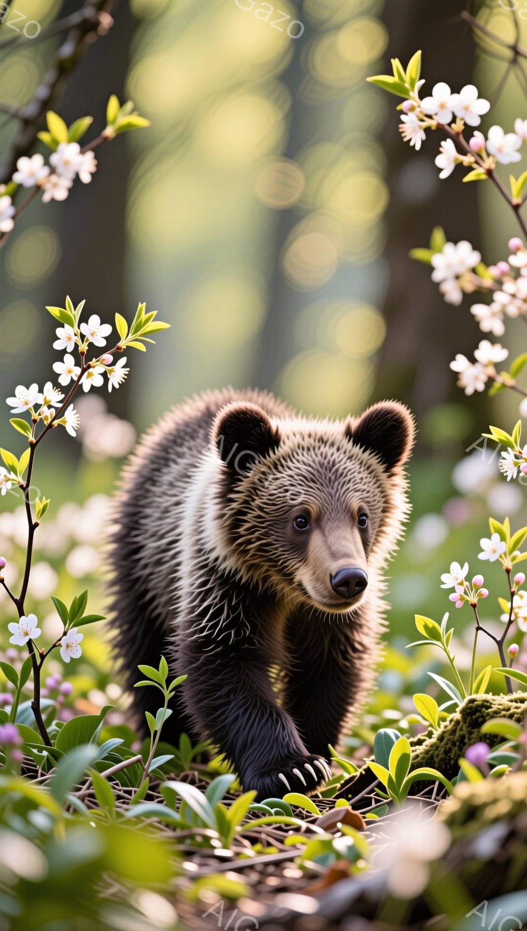 小さな熊が春の草木の中に立っている。周りには淡いピンク色の花が咲き、柔らかい光が差し込んでいる。愛らしい表情と毛並みが、穏やかで優しい雰囲気を醸し出している。 - AI生成フリー素材