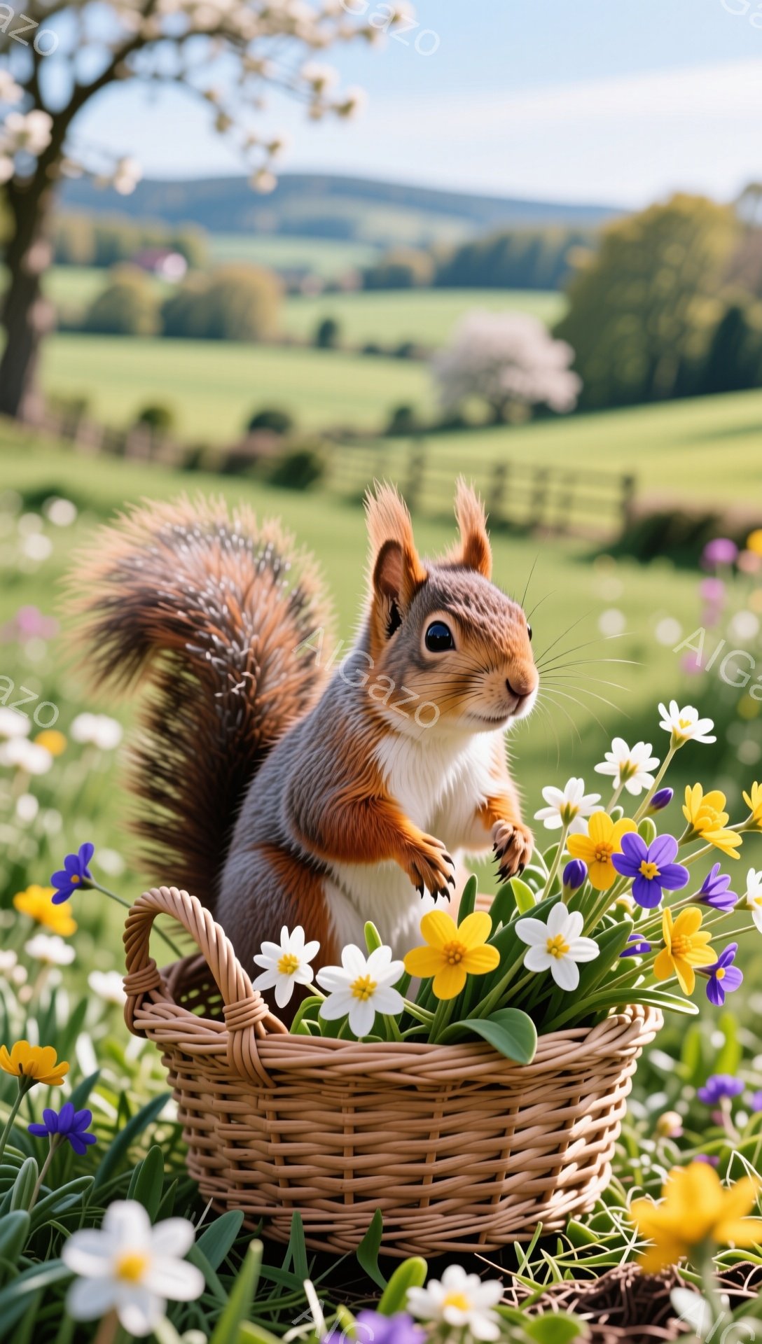 鮮やかな花に囲まれたバスケットの中に、可愛らしいリスが座っています。リスは赤い毛並みを持ち、好奇心旺盛な表情でこちらを見ています。背景には緑豊かな風景が広がり、春の暖かい雰囲気が伝わってきます。 - AI生成フリー素材