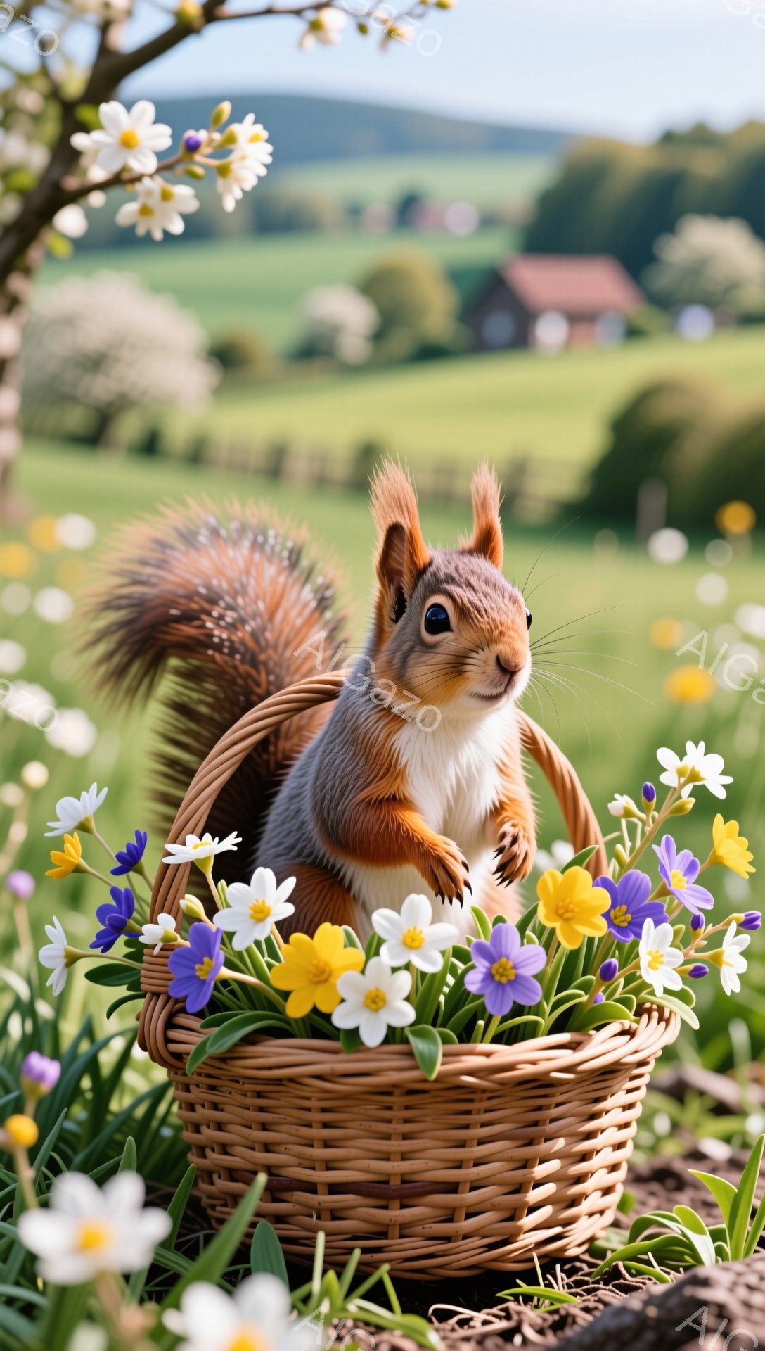 赤い毛並みのリスが花でいっぱいのバスケットの中に座っています。リスは好奇心旺盛な表情で正面を見ており、背景にはぼやけた花畑と緑の木々が見えます。春らしい暖かく穏やかな雰囲気の画像です。 - AI生成フリー素材
