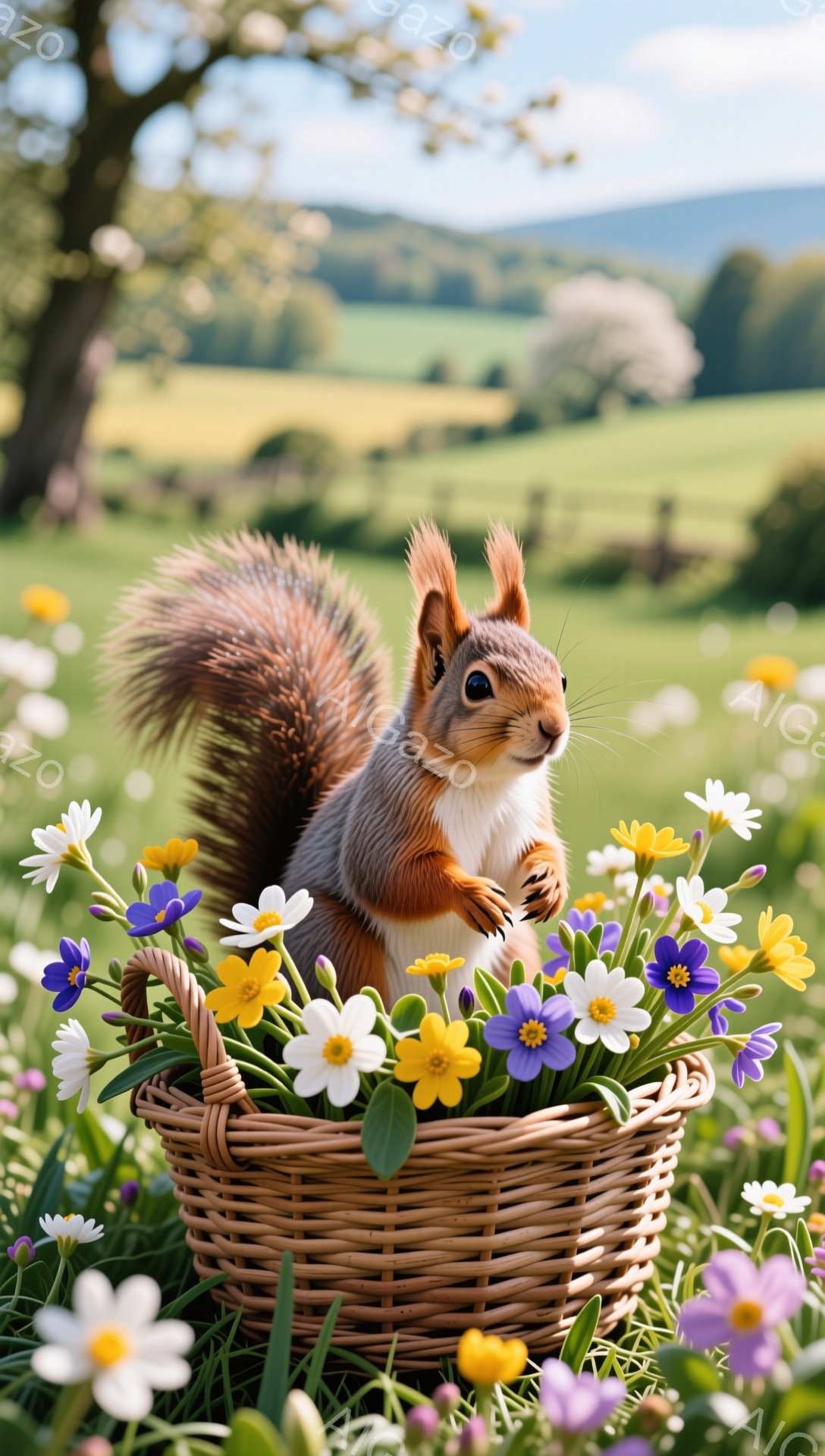 赤毛のリスが花でいっぱいのバスケットに座っています。その目は好奇心と遊び心で輝いており、周囲の緑豊かな草原と花畑の中で、可愛らしい姿を際立たせています。穏やかで春らしい雰囲気が漂う、心温まる光景です。 - AI生成フリー素材