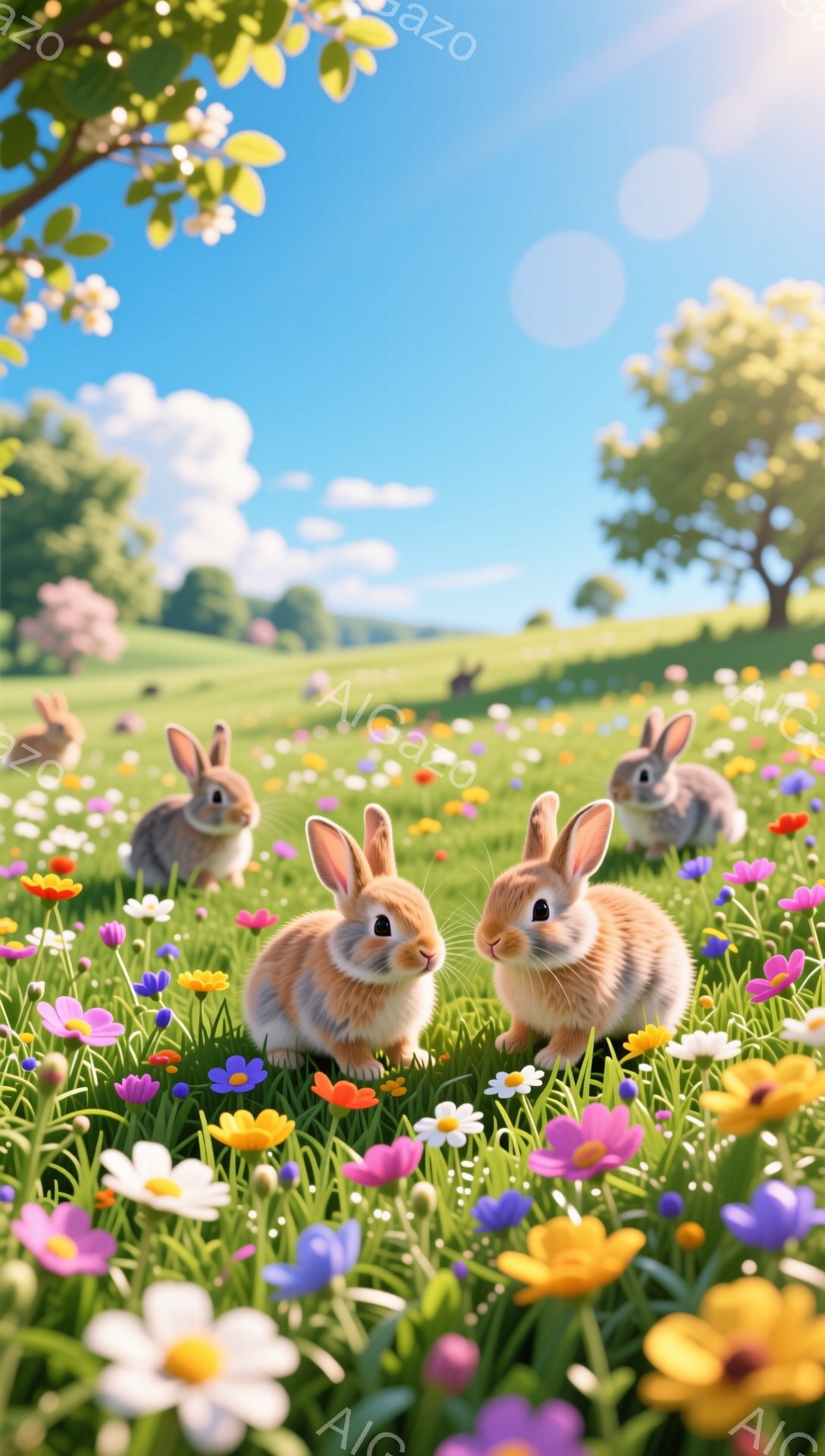 青々とした草原に、様々な花が咲き乱れ、その中に可愛らしい子ウサギたちが集まっています。陽光が降り注ぎ、穏やかで平和な雰囲気の中で、ウサギたちは好奇心旺盛な表情でこちらを見ています。春の訪れを感じさせる、暖かく優しい光景です。