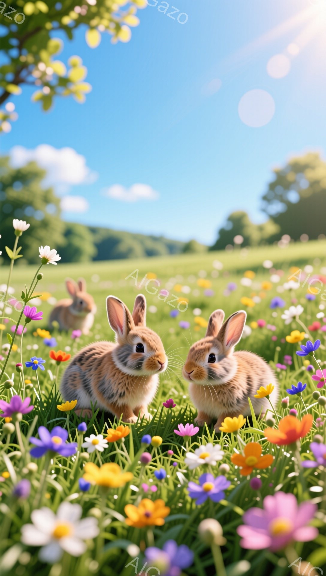 色とりどりの花が咲き乱れる草原で、可愛らしい子ウサギたちが寄り添っています。青空の下、明るく開放的な雰囲気で、まるで絵画のような美しい光景です。遠くにはぼんやりと緑の丘が見え、自然豊かな風景が広がっています。