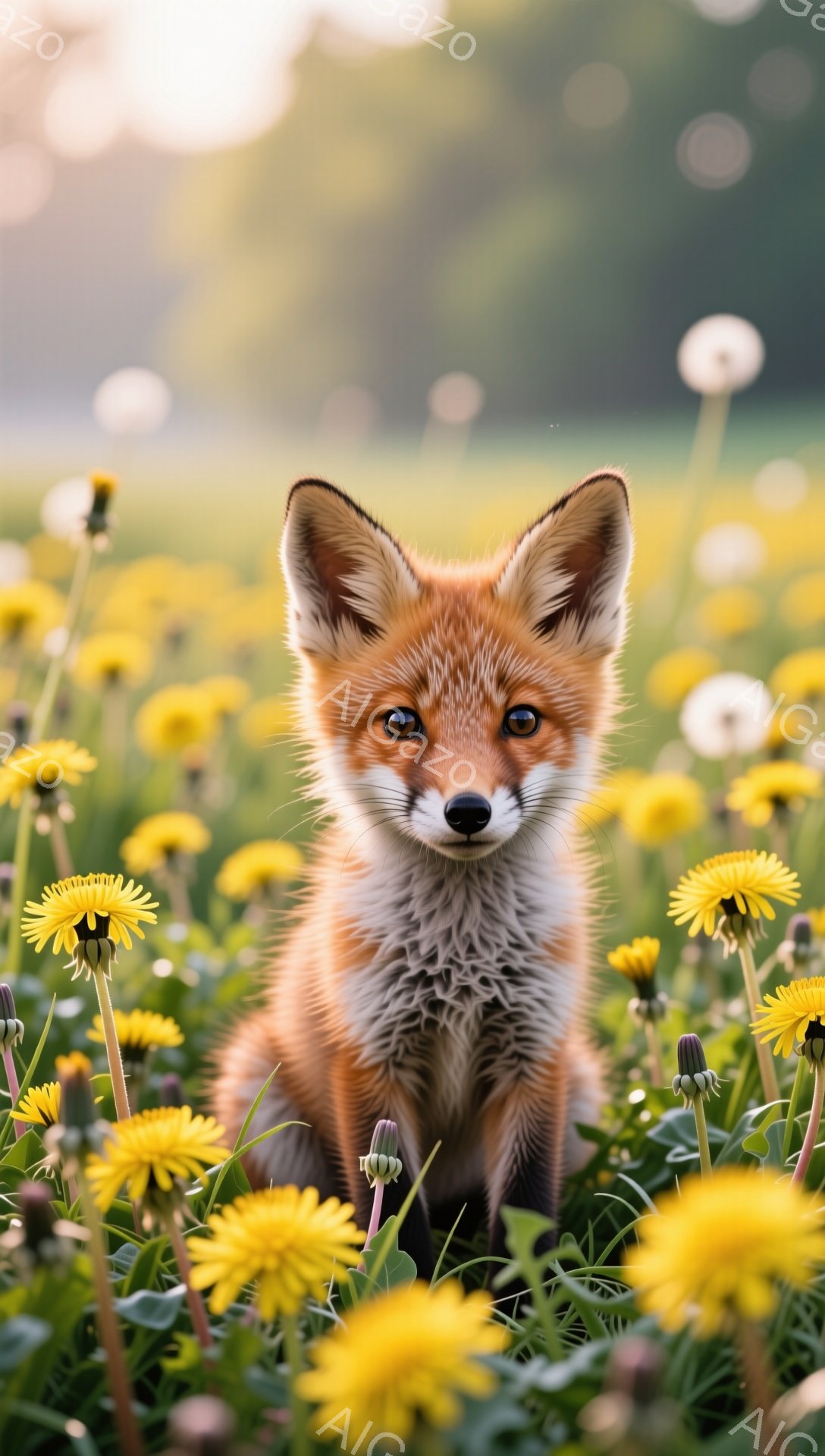 明るい日差しの中、タンポポ畑に座る子ギツネがこちらを見つめている。毛並みはふさふさとしており、つぶらな瞳が印象的だ。背景には緑豊かな草むらと、ぼやけた太陽の光が広がり、温かい雰囲気を醸し出している。