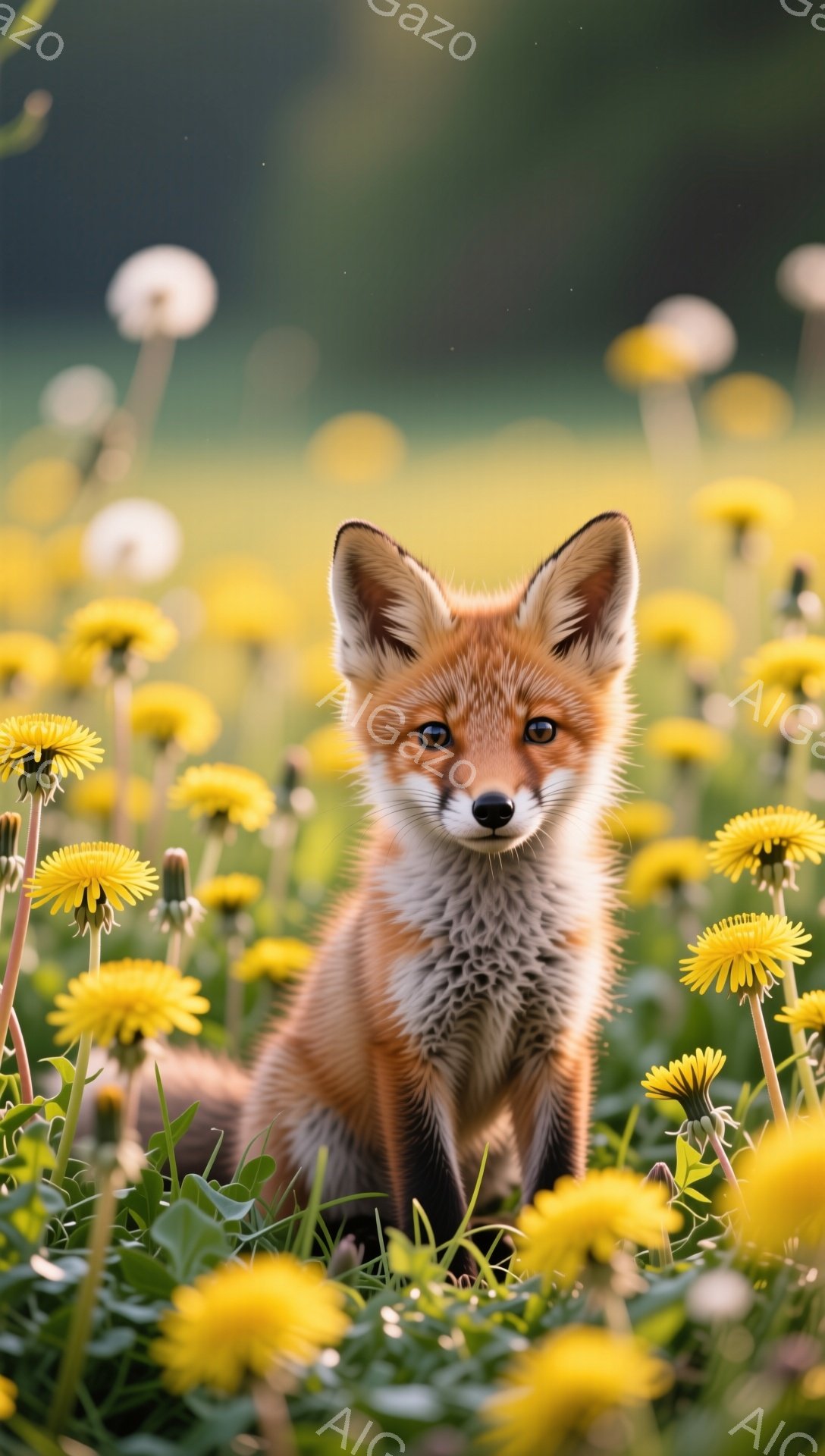 明るい黄色のタンポポ畑に、小さなキツネが座っています。キツネは好奇心旺盛な表情でカメラを見つめ、暖かく穏やかな雰囲気を醸し出しています。背景は緑豊かで、春の柔らかな光が全体を包み込んでいます。 - AI生成フリー素材