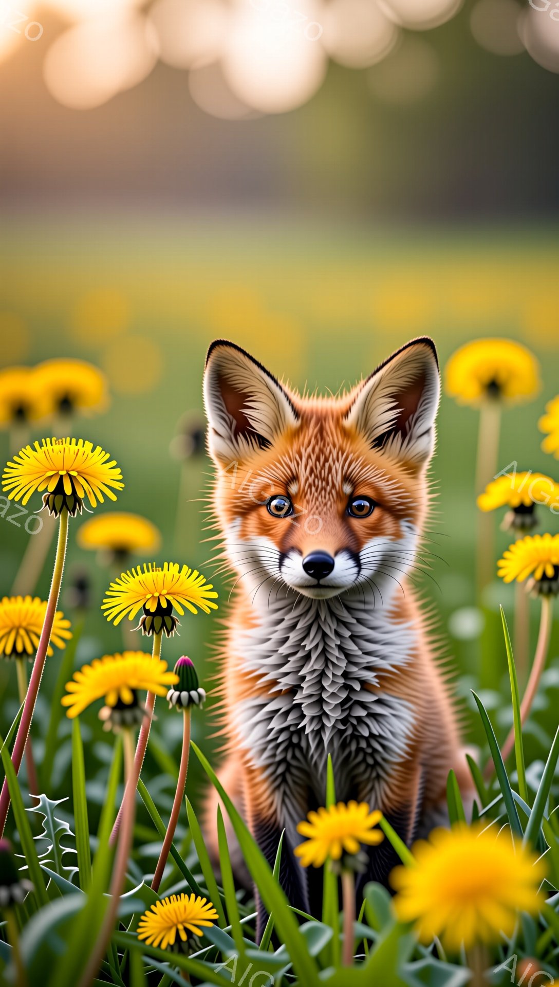愛らしいキツネの子供がタンポポが咲き乱れる草原の中にいます。夕焼けのような暖かい光が差し込み、緑豊かな背景と鮮やかな黄色の花が、穏やかで夢のような雰囲気を醸し出しています。キツネは好奇心に満ちた表情でこちらを見ており、その姿は自然の美しさを際立たせています。
