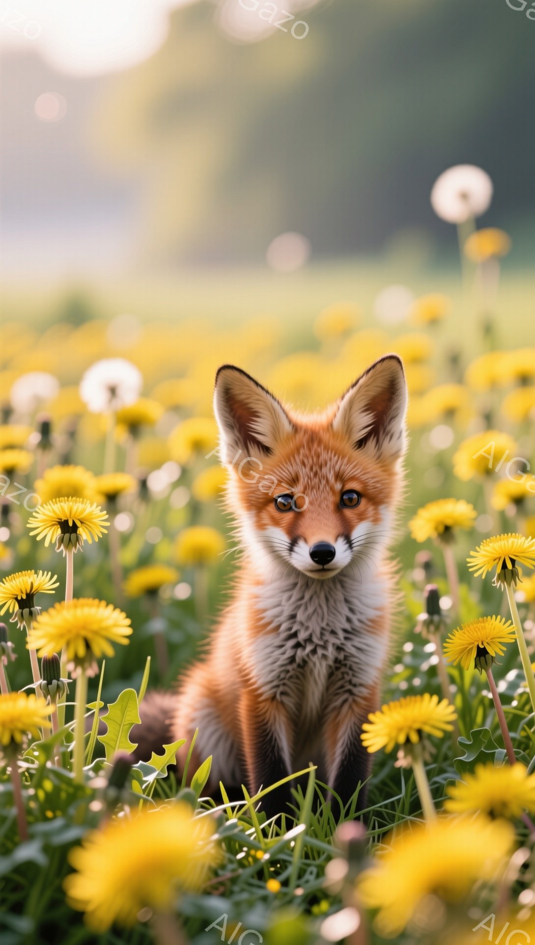 鮮やかな黄色のタンポポが咲き乱れる草原に、愛らしいキツネの子がちょこんと座っています。毛並みは暖かく、好奇心に満ちた瞳でこちらを見つめており、春の柔らかな光に包まれています。背景はぼかされており、キツネに視線が集中します。