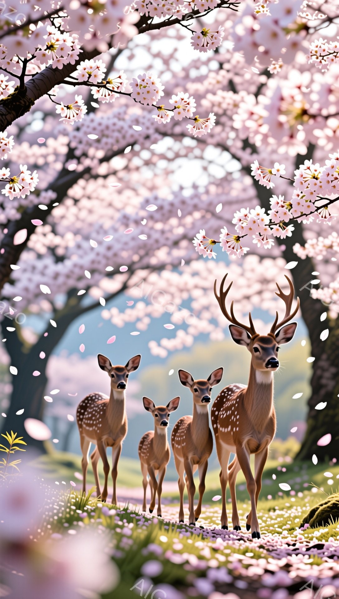 花吹雪の中、シカの家族が整列して立っている。桜の花びらが舞い散り、背景はぼやけたピンク色の桜並木で、穏やかで幻想的な雰囲気を醸し出している。草むらは緑豊かで、春の暖かさを感じさせる。