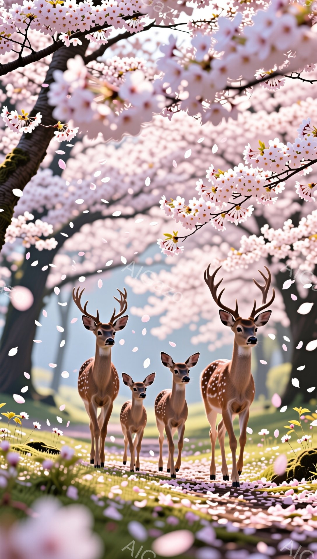 桜の花びらが舞う緑の草原に、シカの家族が整列して立っている。母鹿と子鹿たちは、穏やかな表情でカメラの方を見つめている。春の暖かく優しい雰囲気が感じられる。 - AI生成フリー素材