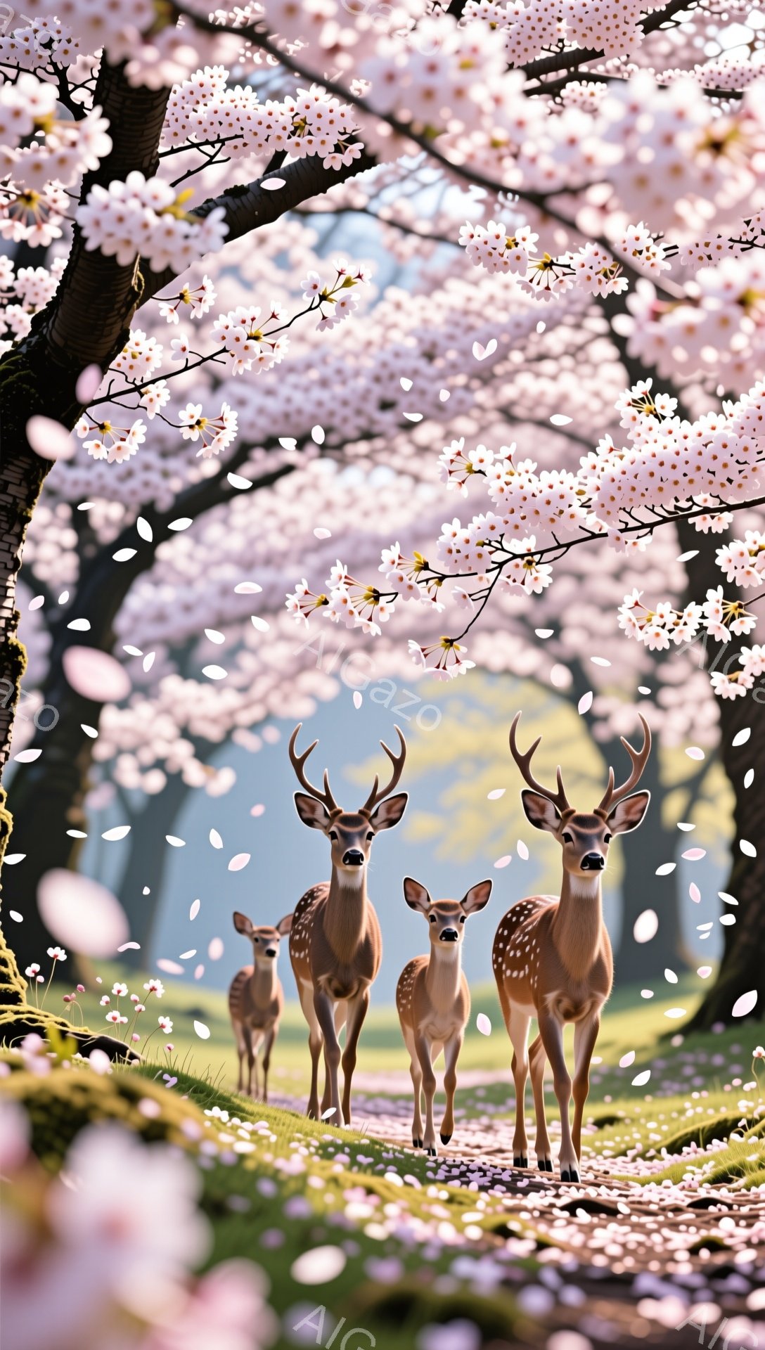 春の桜並木を、一頭の雄ジカと幼い子ジカたちが歩いている。舞い散る桜の花びらが、幻想的な雰囲気を演出し、穏やかな春の訪れを感じさせる。緑豊かな背景と優しい光が、この風景に暖かさと安らぎを加えている。