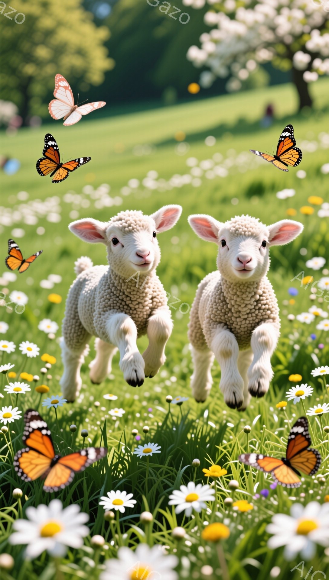 緑豊かな草原で、二匹の子羊が元気に駆け回っています。周りには白いデイジーや黄色い花が咲き乱れ、オレンジ色の蝶が舞っています。春の暖かく穏やかな雰囲気が伝わってきます。 - AI生成フリー素材
