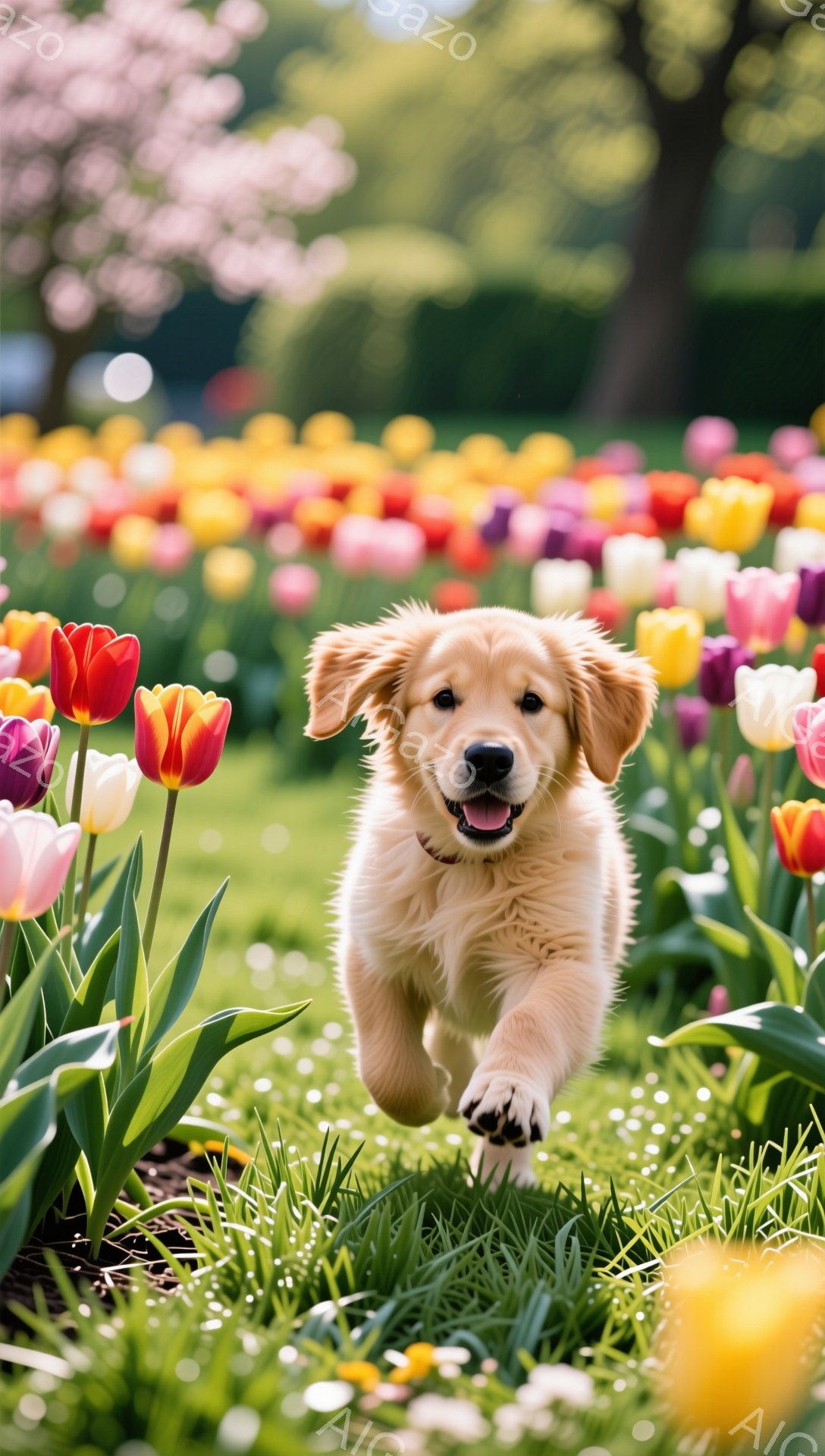 黄金色の毛並みの子犬が、色とりどりのチューリップ畑の中を駆け抜けている。緑の草の上を走り、口を開けて楽しそうにしている様子が捉えられている。背景にはぼやけた花々と太陽の光が広がり、暖かく幸せな雰囲気を - AI生成フリー素材