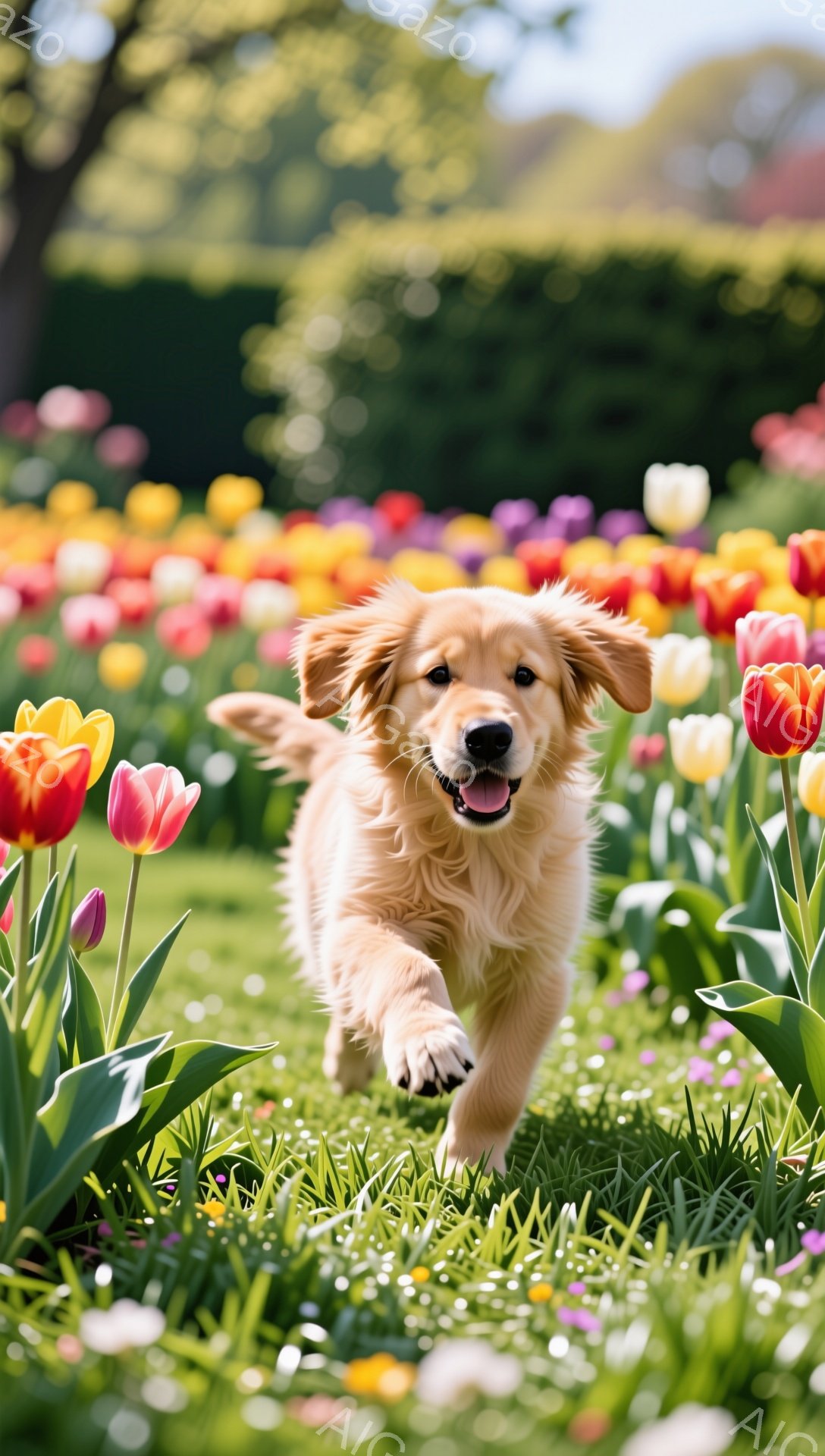 広大なチューリップ畑を元気なゴールデンレトリバーの子犬が走り抜けている。太陽の光が降り注ぎ、子犬は楽しそうに舌を出し、幸福感に満ちた表情を浮かべている。鮮やかな花々と緑の芝生が子犬の活発な動きをより一層引き立てている。