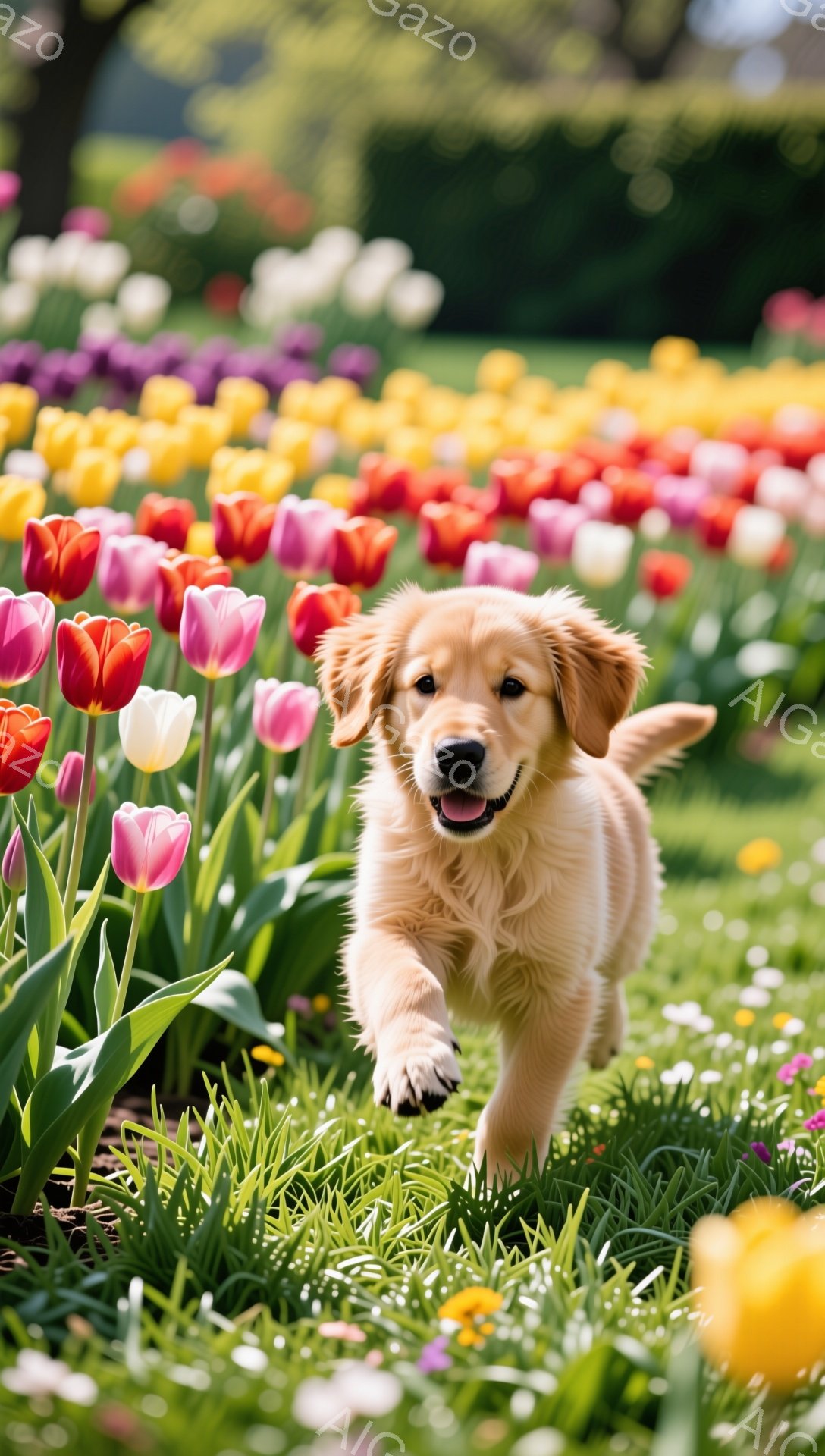 花畑の中を駆けるゴールデンレトリバーの子犬が写っています。子犬は嬉しそうに舌を出し、周りの色とりどりのチューリップとのコントラストが美しいです。春の暖かく明るい雰囲気が伝わってきます。 - AI生成フリー素材