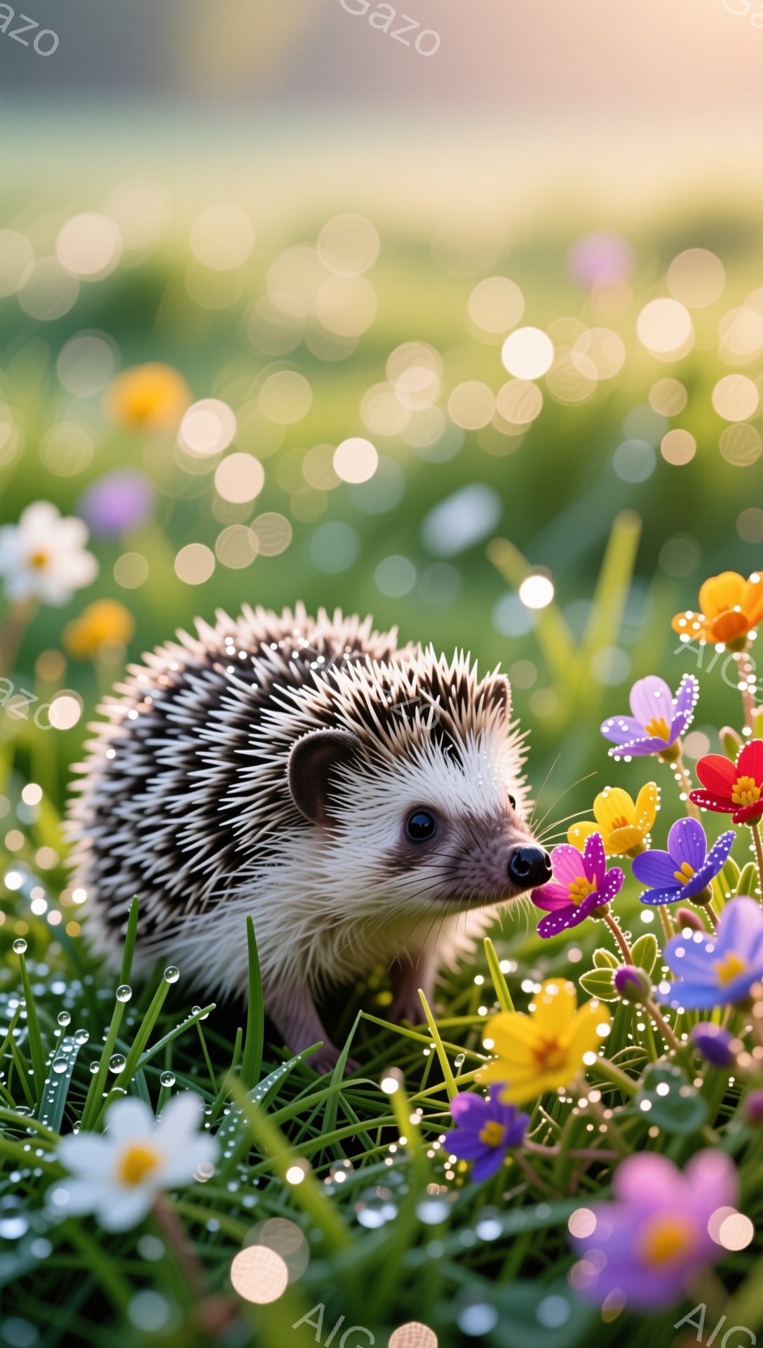 背の高い草と花の中で、かわいらしいハリネズミが小さな花を見つめています。朝露に濡れた草葉と花びらは、光を受けてキラキラと輝き、穏やかで優しい雰囲気を醸し出しています。春の暖かい日差しが感じられる、可愛 - AI生成フリー素材