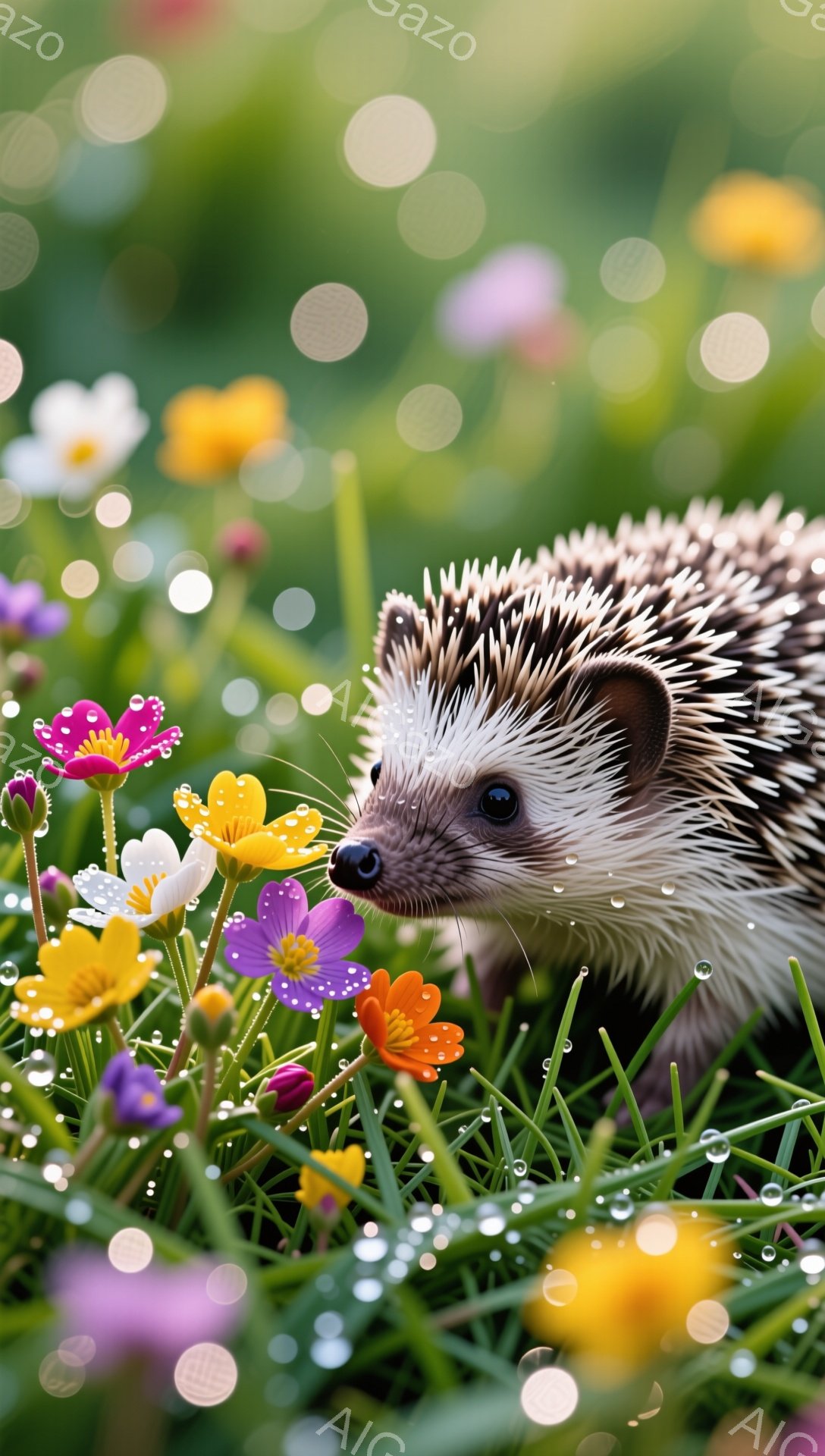 可愛らしいハリネズミが花畑の中で佇んでいます。緑の草や色とりどりの花に囲まれ、朝露がキラキラと輝いています。温かく穏やかな雰囲気で、春の訪れを感じさせます。