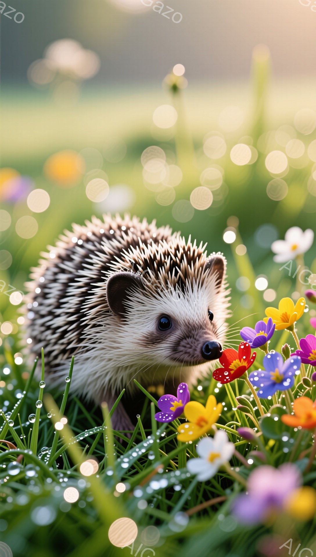 緑の草むらと色とりどりの花々の中に、小さなハリネズミが顔を覗かせています。朝日が差し込み、露に濡れた草葉がきらめき、幻想的な雰囲気を醸し出しています。愛らしいハリネズミは、可愛らしい姿で見る人の心を癒します。