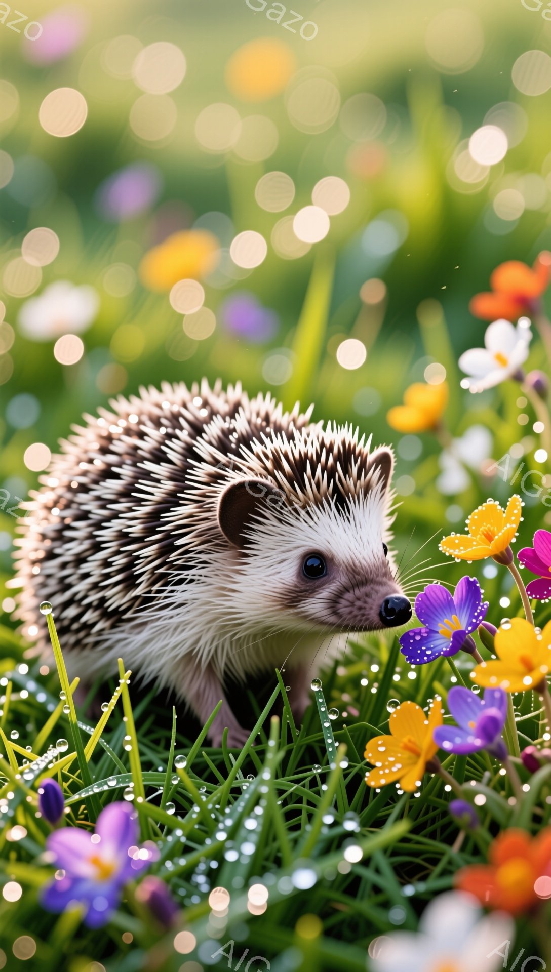 緑豊かな草むらの中にいる、可愛らしいハリネズミが描かれています。湿った草や花びらに朝露が光り、ハリネズミは紫色の花を見つめています。背景はぼかされており、春の穏やかな雰囲気が伝わってきます。