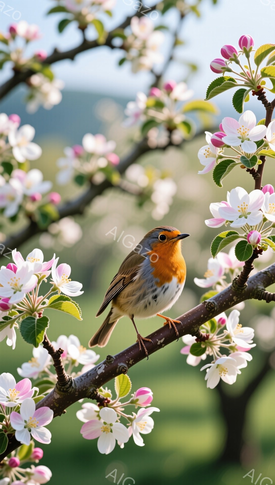 美しい胸を持つヨーロッパコマドリが、満開の桜の枝にとまっている。春の暖かい日差しが降り注ぎ、背景には緑豊かな風景が広がっている。穏やかで平和な雰囲気が感じられる。