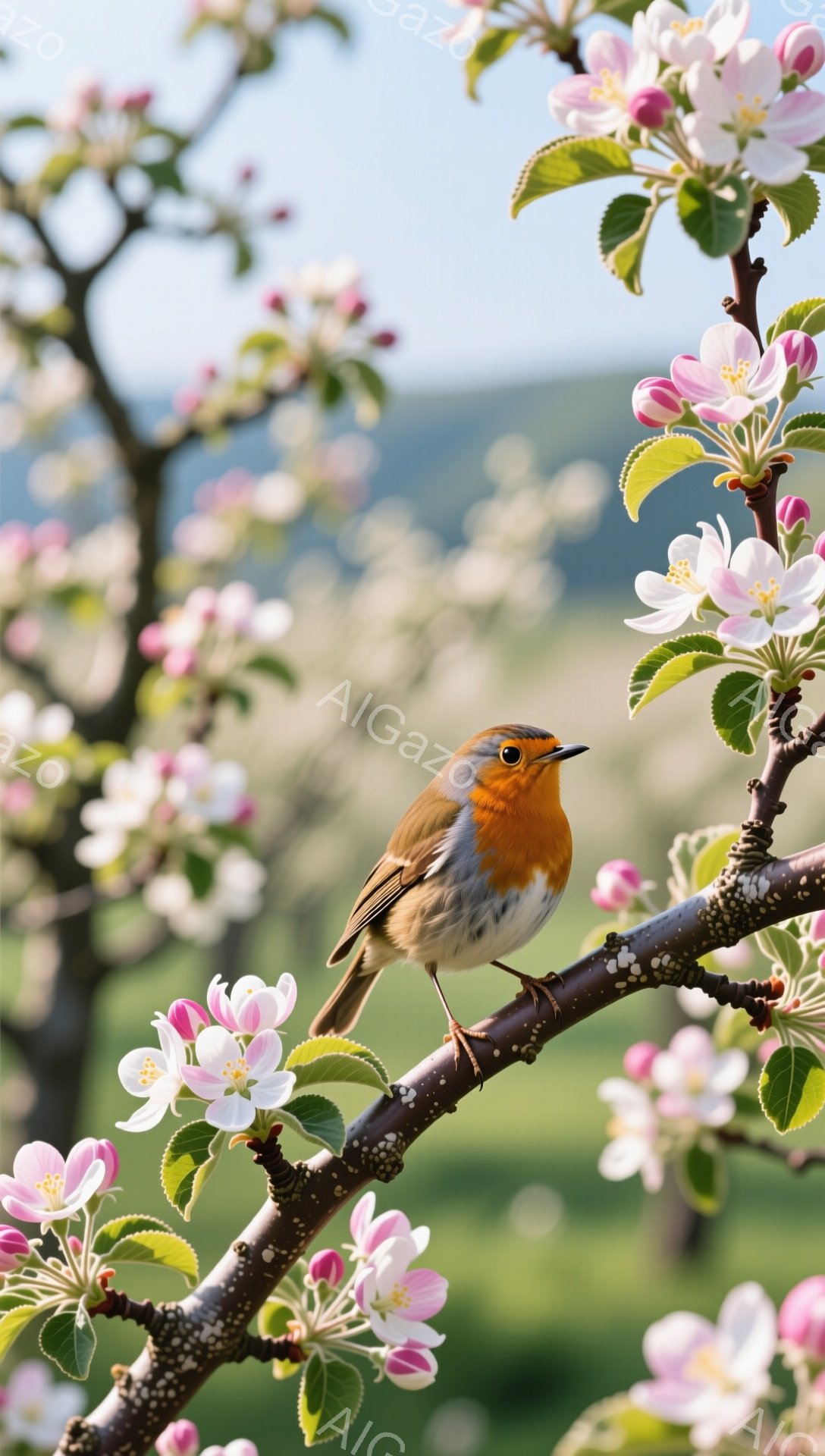 桜の枝にとまっているヨーロッパコマドリが写っている。鮮やかな赤い胸と茶色の背中が特徴的で、春の穏やかな光の中で静かに佇んでいる。背景にはぼやけた桜の花々と緑の葉が広がり、暖かく優しい雰囲気を醸し出している。