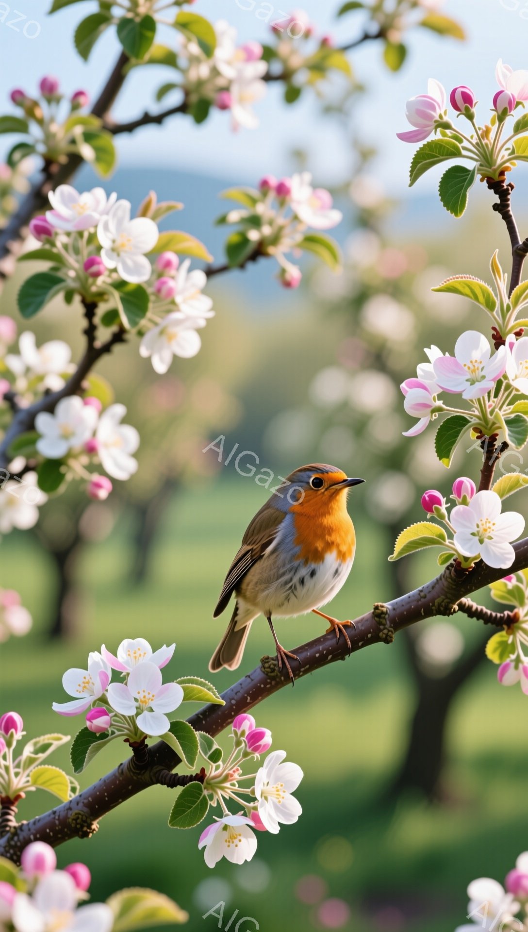咲き誇る桜の枝にとまるヨーロッパコマドリが印象的な風景です。鮮やかなオレンジ色の胸と、春の柔らかな光が調和し、穏やかな雰囲気を醸し出しています。背景には緑豊かな木々とぼんやりとした遠景が広がり、自然の美しさを際立たせています。