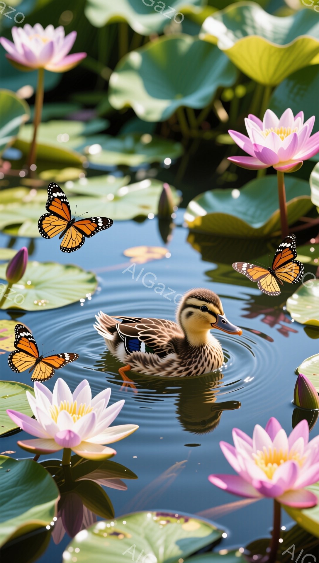 アヒルが水の中を泳いでいる。周囲にはピンクの蓮の花が咲き、蝶が舞っている。水面にはアヒルの映り込みが見られ、穏やかで平和な雰囲気である。 - AI生成フリー素材