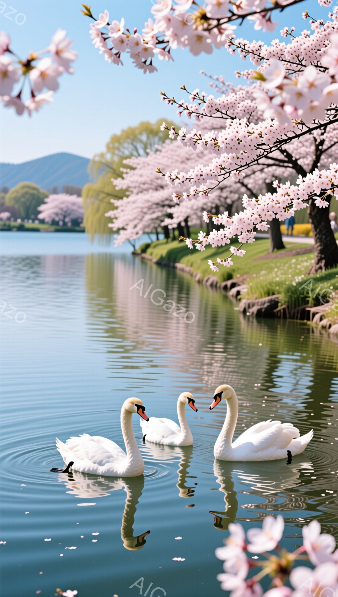 白鳥が穏やかな湖を優雅に泳いでいる。背景には桜並木が咲き誇り、春の暖かく美しい景色が広がっている。水面に映る鳥と桜のコントラストが幻想的で、平和な雰囲気を醸し出している。 - AI生成フリー素材