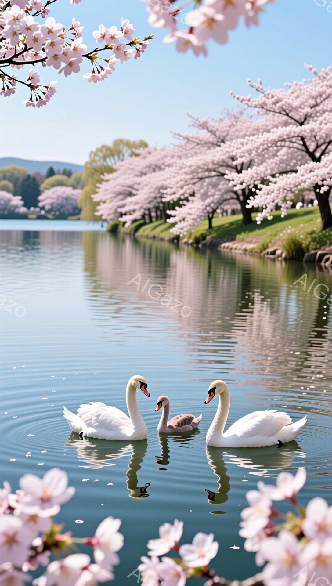 白鳥が穏やかな湖面を優雅に泳いでいる。背景には満開の桜並木が広がり、春の暖かく穏やかな雰囲気を演出している。水面に映る桜と白鳥の姿が、幻想的な風景を作り出している。 - AI生成フリー素材
